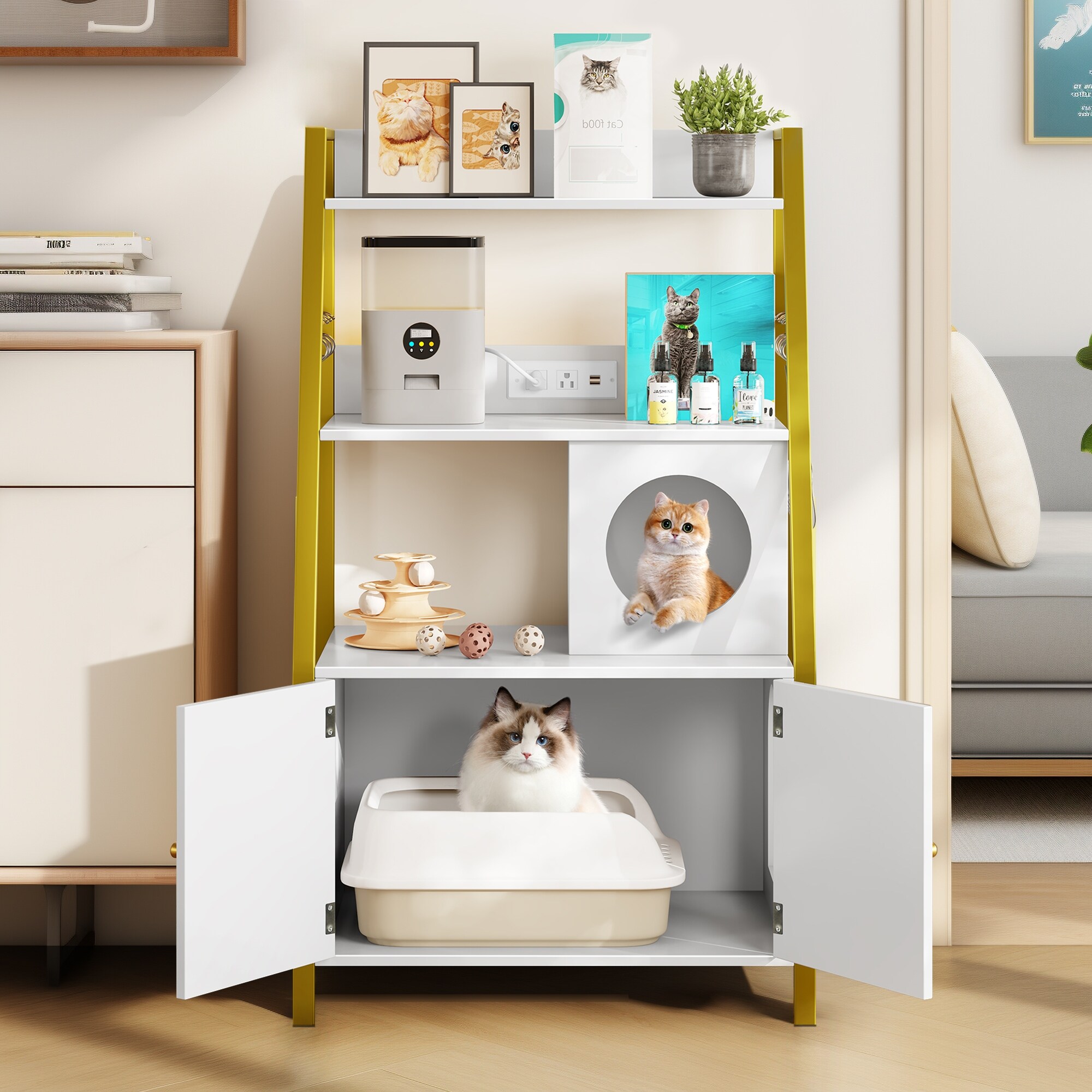 Warranty Company Moasis Large Cat Litter Box Enclosure With Shelf Storage and Power Outlet