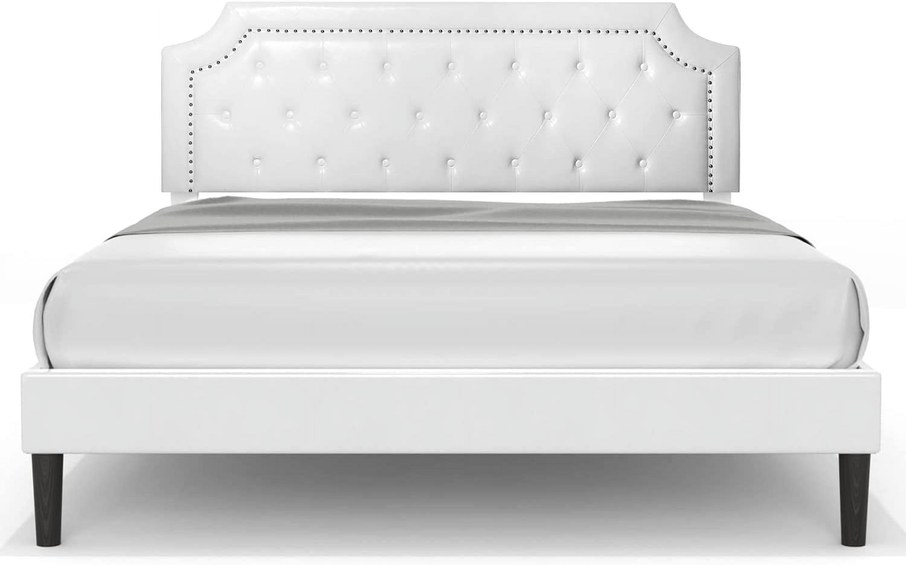 Bed Frame Upholstered Low Profile Platform Bed with Tufted Faux Leather Headboard/No Box Spring Needed/No Bed Skirt Needed (White  King Size)