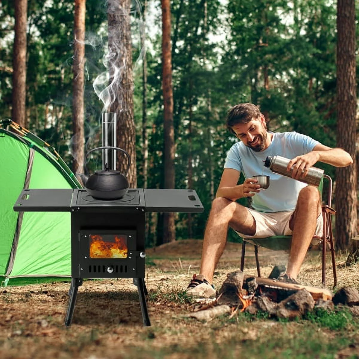 SYTHERS Outdoor Wood Burning Stove with Chimney Pipes, Camp Wood Stove for Outdoor Heating & Cooking, Ice Fishing, Hunting, Black