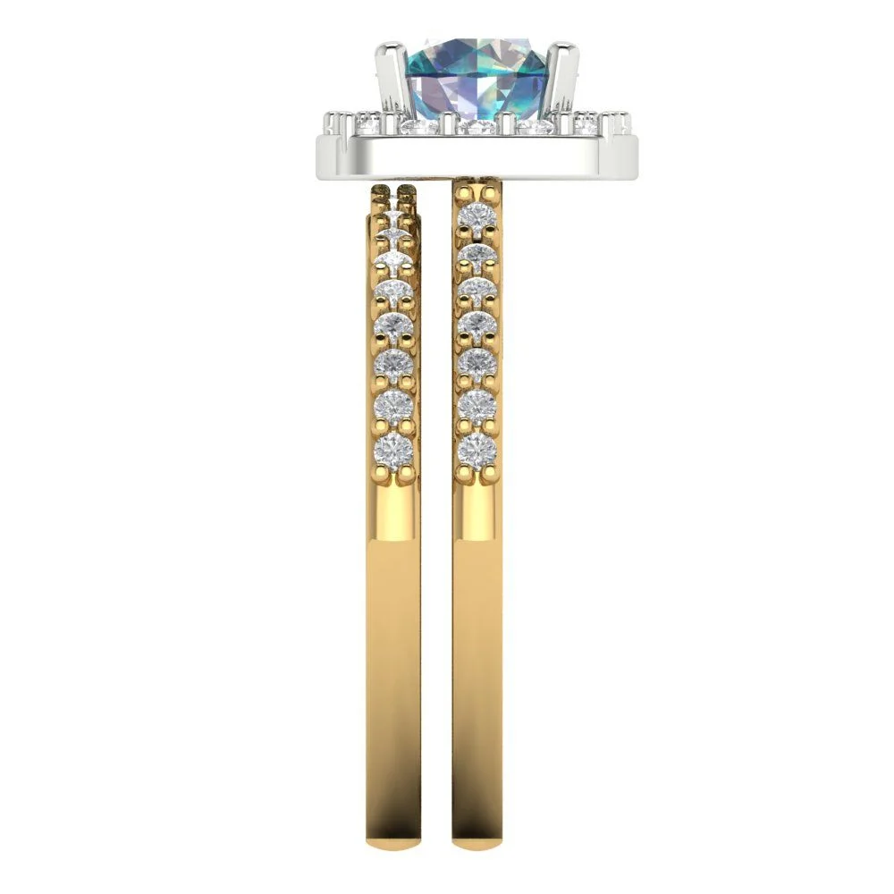1.58 ct Brilliant Round Cut Synthetic Blue Moissanite 18K Yellow/White Gold(multi tone) Halo Solitaire with Accents Bridal Set SZ 6.75