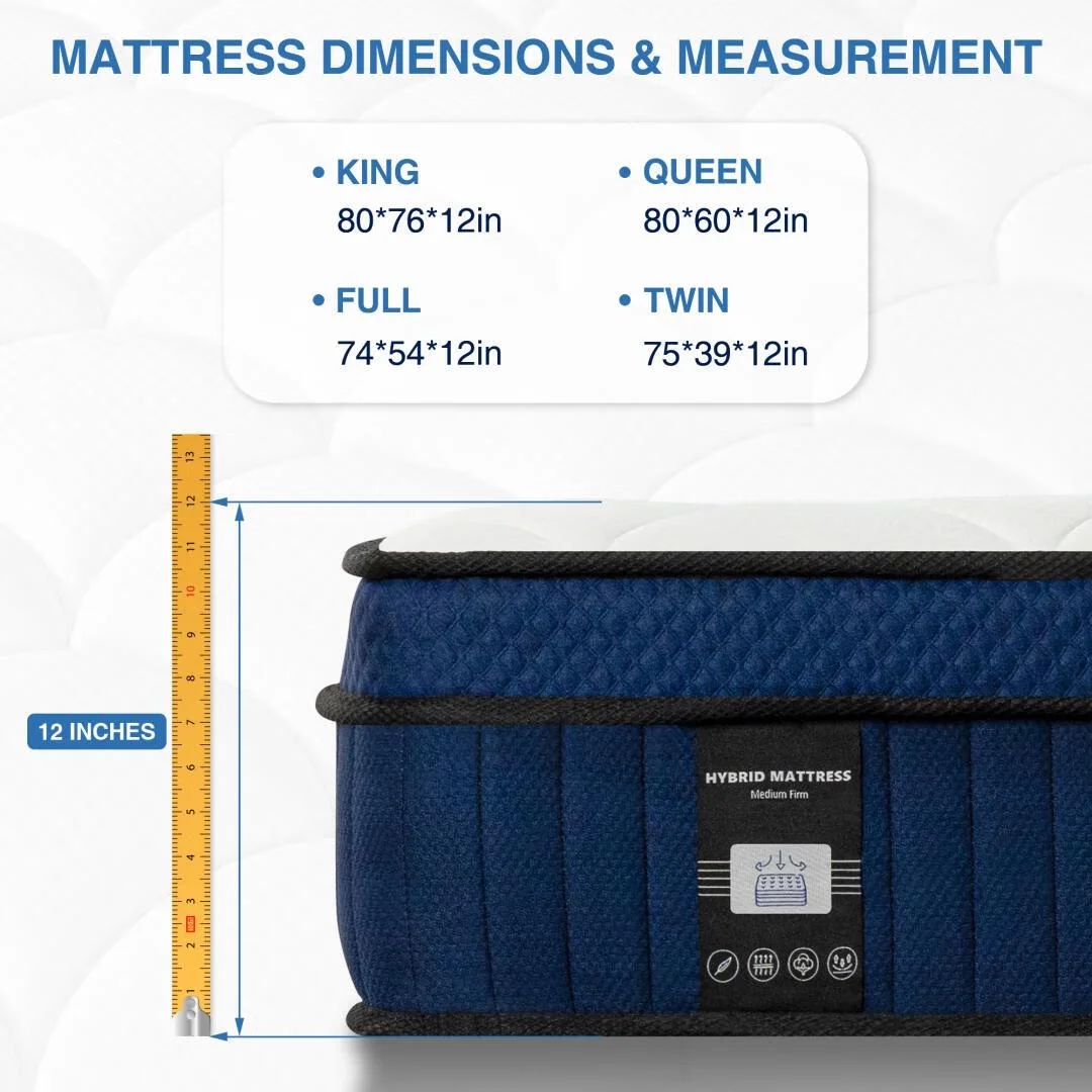 Queen Rose 12' 'Queen Medium Hybrid Mattress, With Pocket Spring , Bed in-a-Box