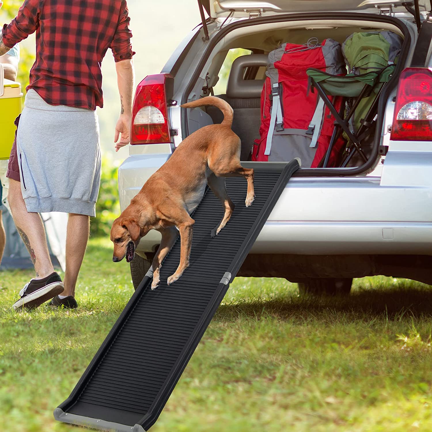 Dog Car Ramp, 63 Inch Folding Portable Pet Ramp for Large Old Dogs SUV Truck Bed w/ Side Rails & Safety Lock & Non-Slip Surface & Carry Handle, Steel Frame, Supports Up to 265 lbs