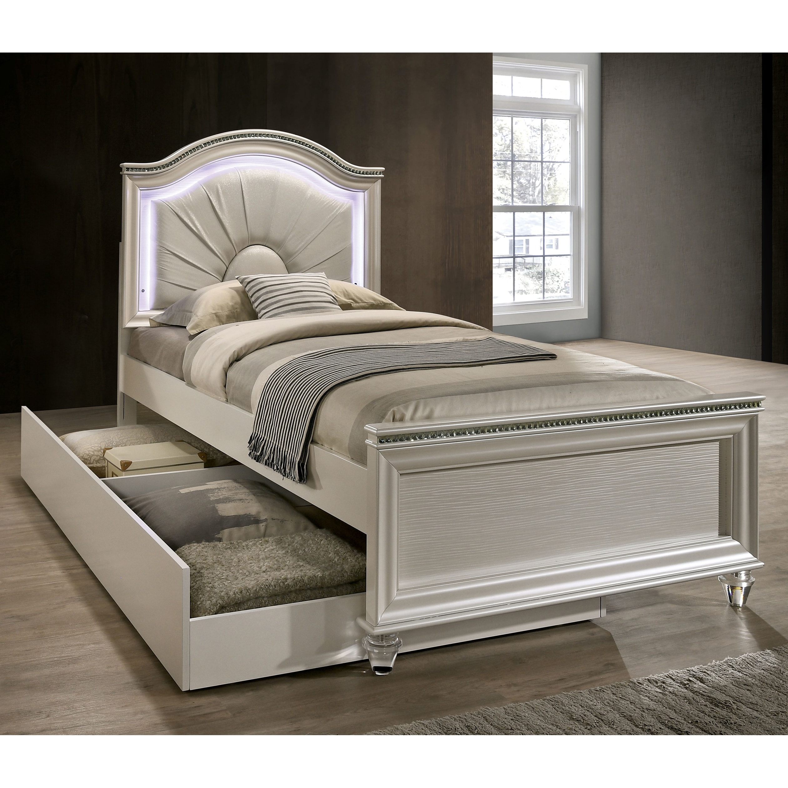 Furniture of America Ving Glam Wood LED Light Youth Panel Bed with Trundle by  Rose Gold Twin