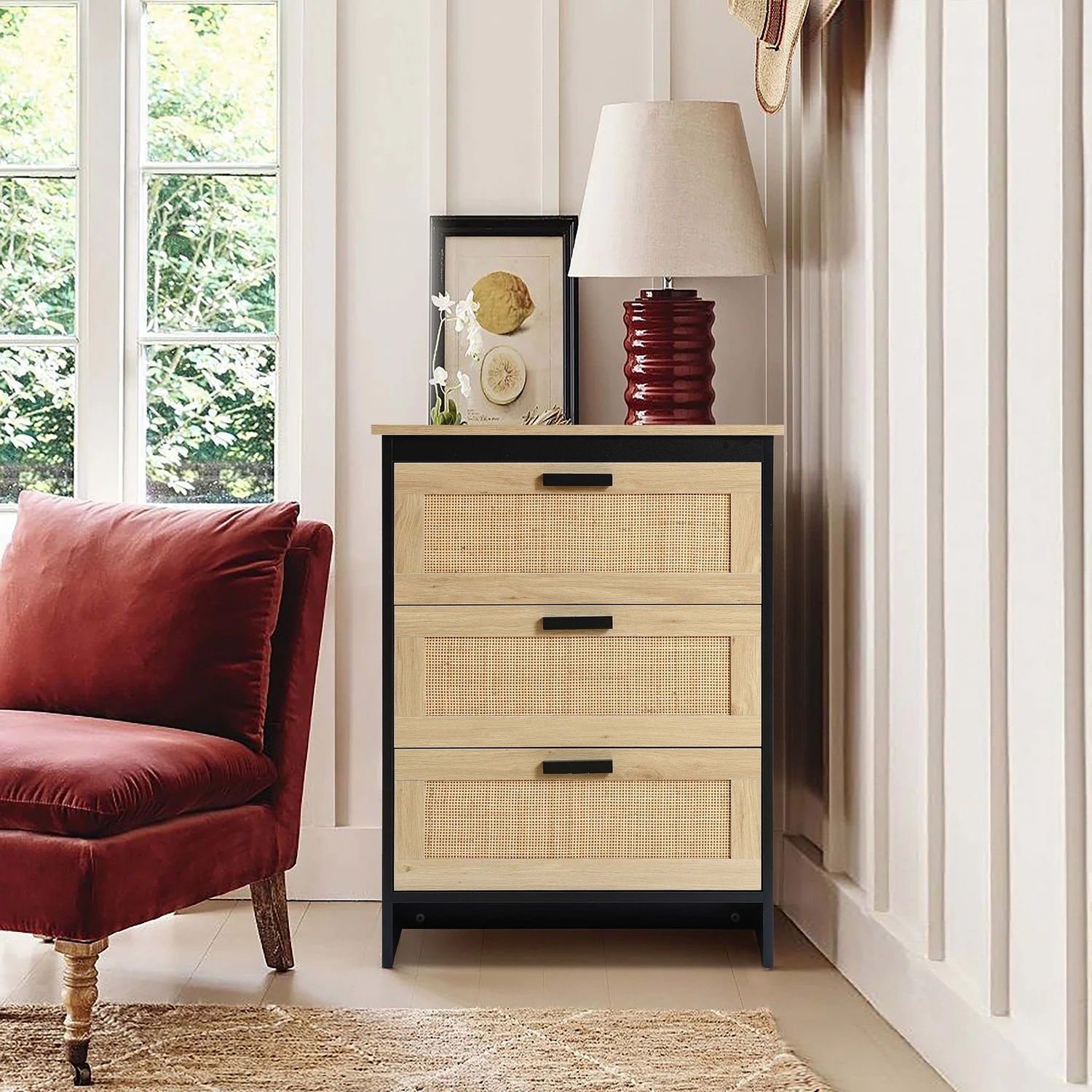 LuxenHome Black and Brown Manufactured Wood 3-Drawer Rattan Chest