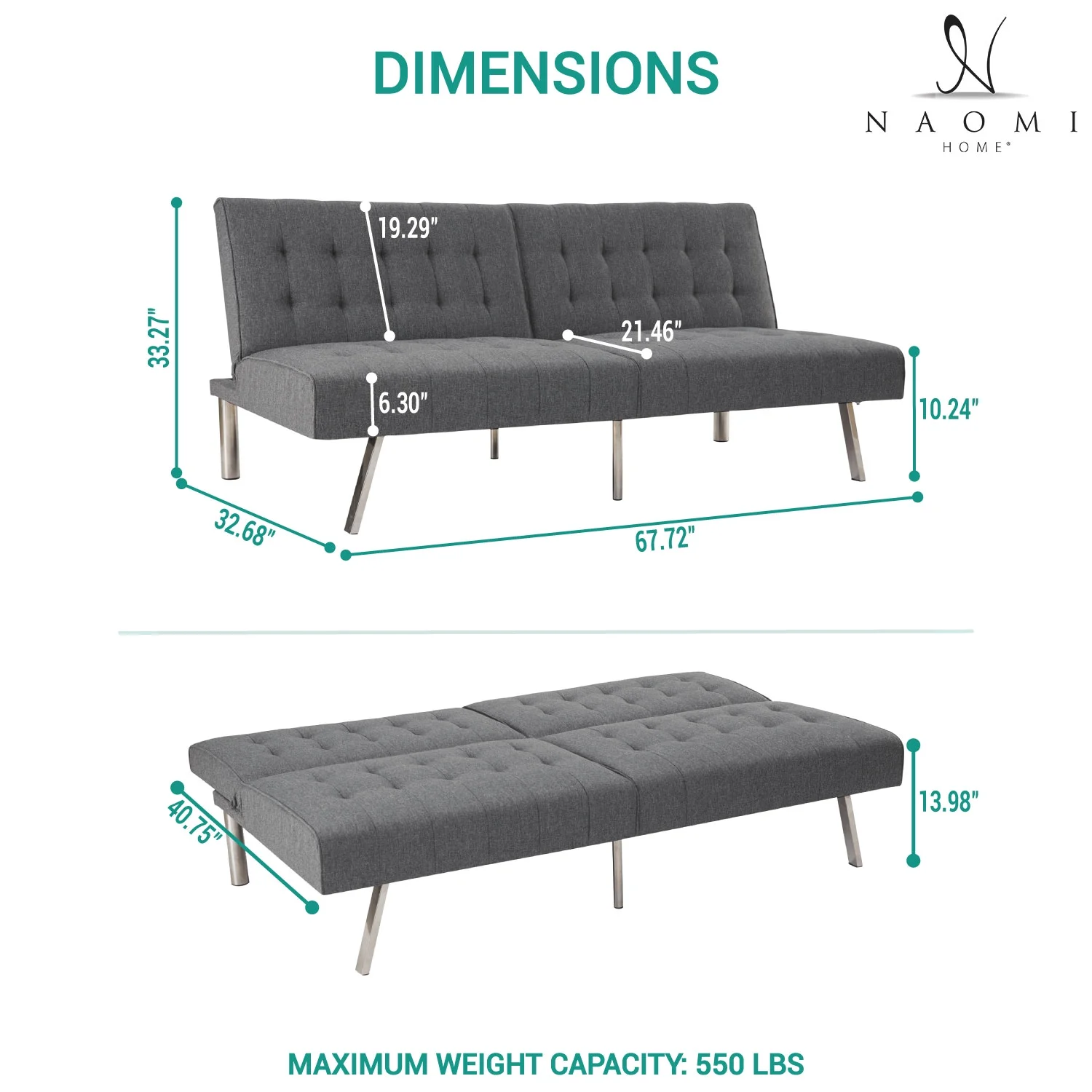 Tufted Split Back Futon Sofa by Naomi Home-Color:Gray,Style:Linen