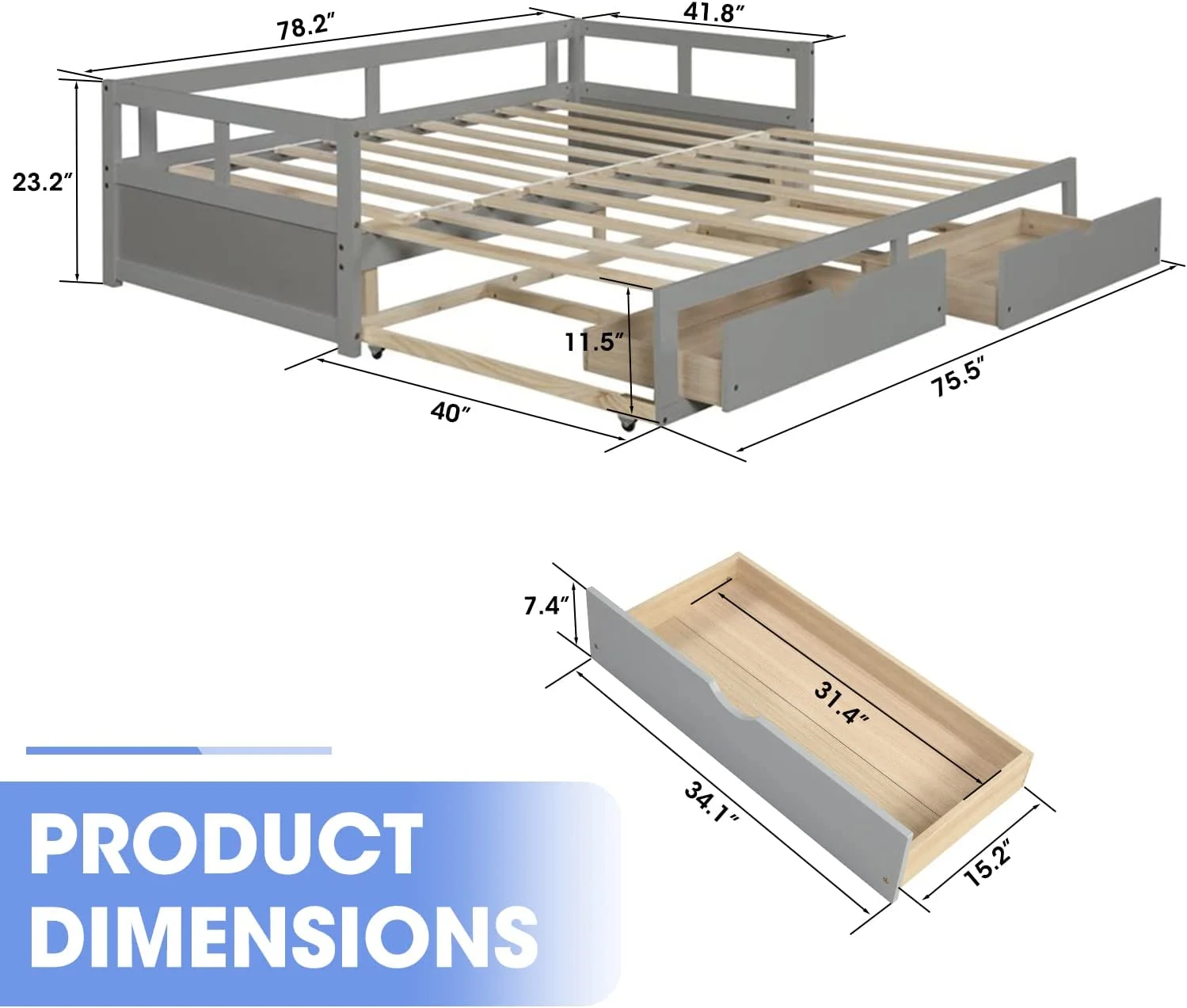 Superjoe Extendable Daybed with Trundle and 2 Storage Drawers, Twin to King Daybed with Wood Roll Out Bed Frame, Teens Adults Dual-use Sturdy Sofa Bed for Bedroom Living Room (Gray)