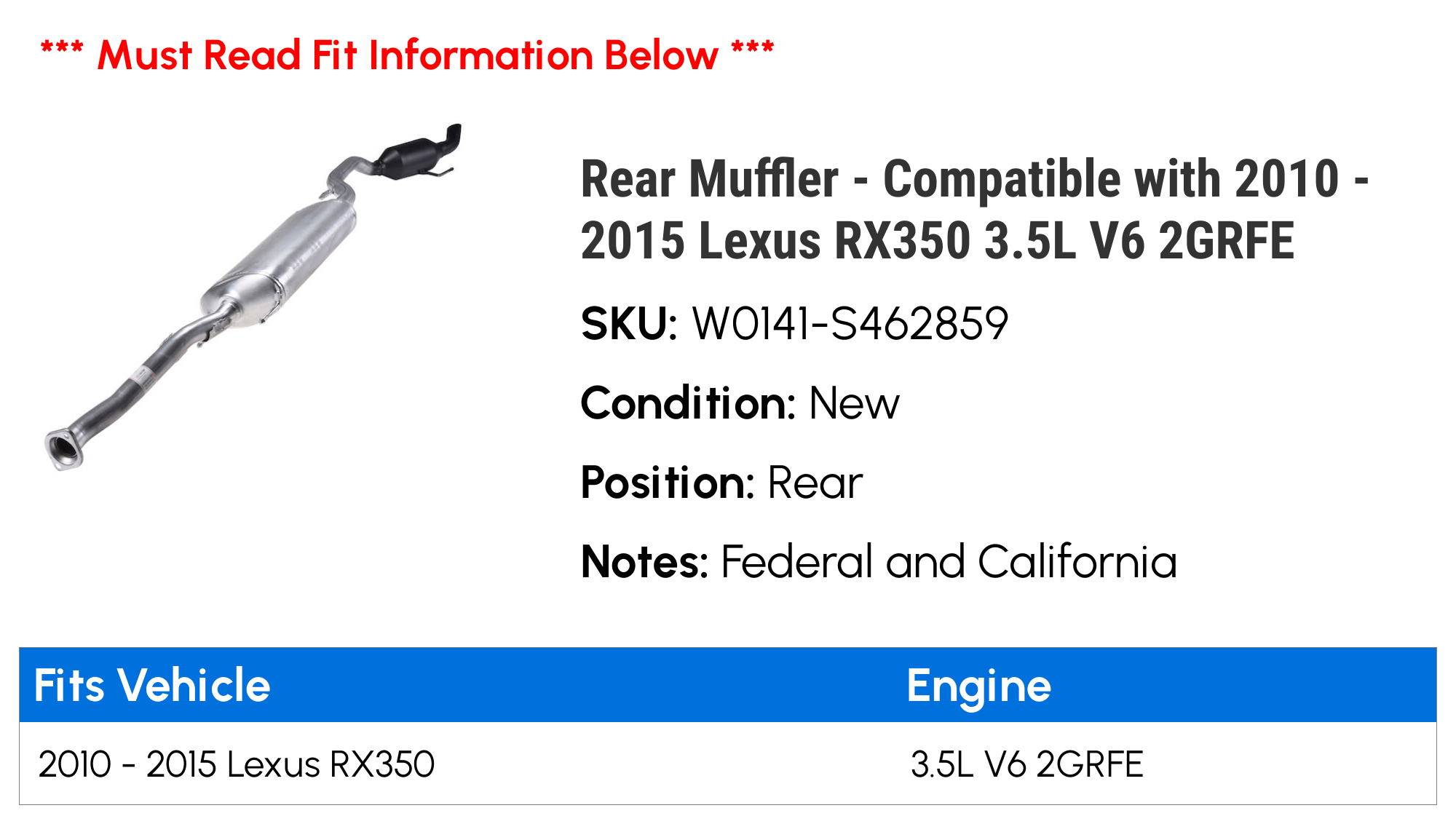 Rear Muffler - Compatible with 2010 - 2015 RX350 3.5L V6 2GRFE 2011 2012 2013 2014