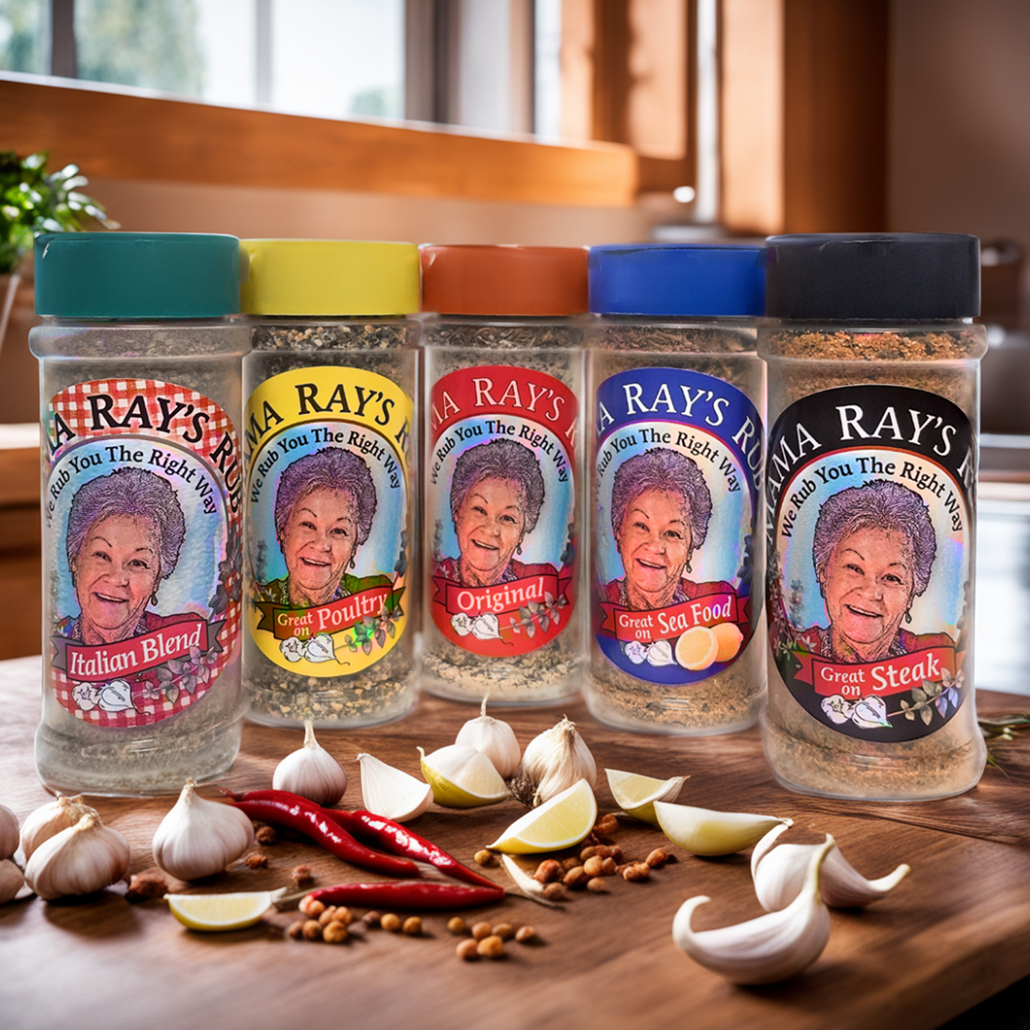 Mama Ray's Kitchen- 5 Variety Pack | Original, Steak, Poultry, Italian & Seafood Seasoning | Enhance Your Dishes with Mediterranean Flavors 4oz Bottles