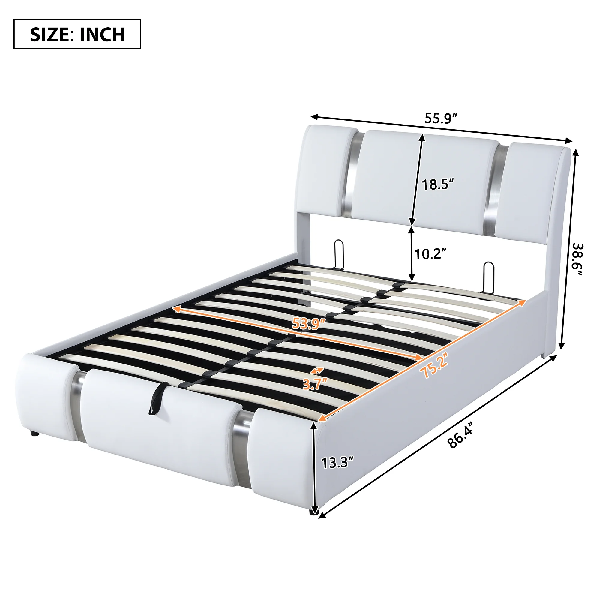 Royard Oaktree Full Size Bed Frame with Hydraulic Storage Upholstered Faux Leather Platform bed with Headboard and Wood Slat Support, No Box Spring Needed, White