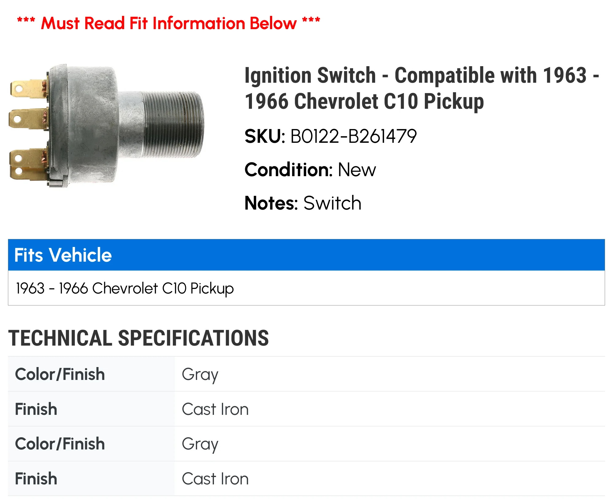 Ignition Switch - Compatible with 1963 - 1966 Chevy C10 Pickup 1964 1965
