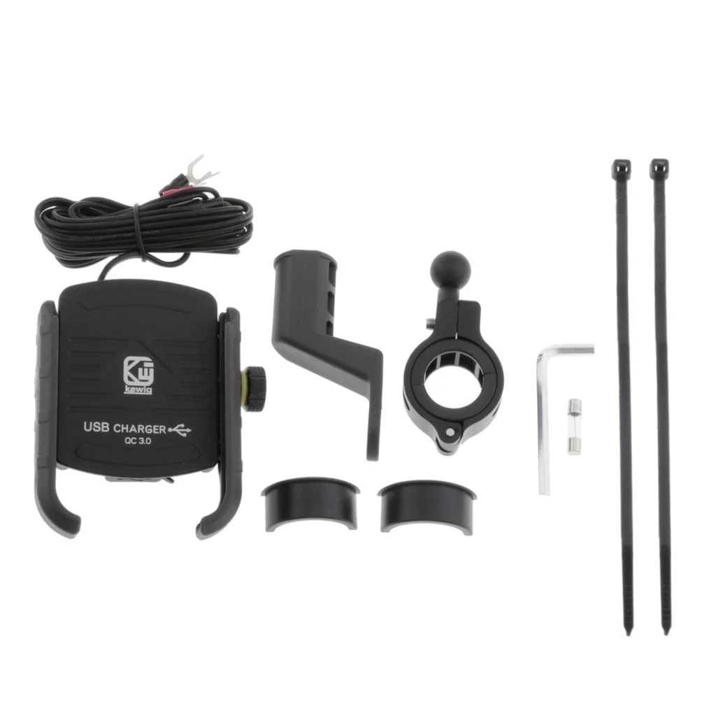 Universal Motorcycle Bike Phone Mount Holder+.0 Quick Charger - Black, 90x68mm