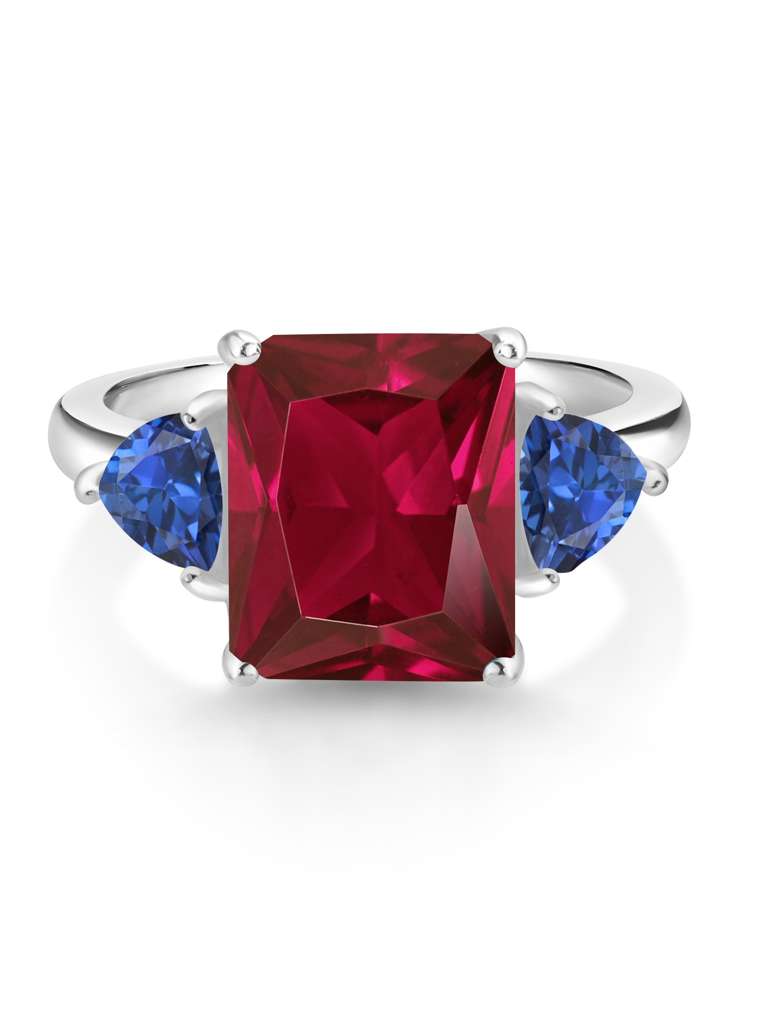 Gem Stone King 925 Sterling Silver Red Created Ruby and Blue Created Sapphire 3 Stone Ring For Women (6.78 Cttw, Octagon 12X10MM, Trillion 5X5MM, Gemstone July Birthstone, Size 8)