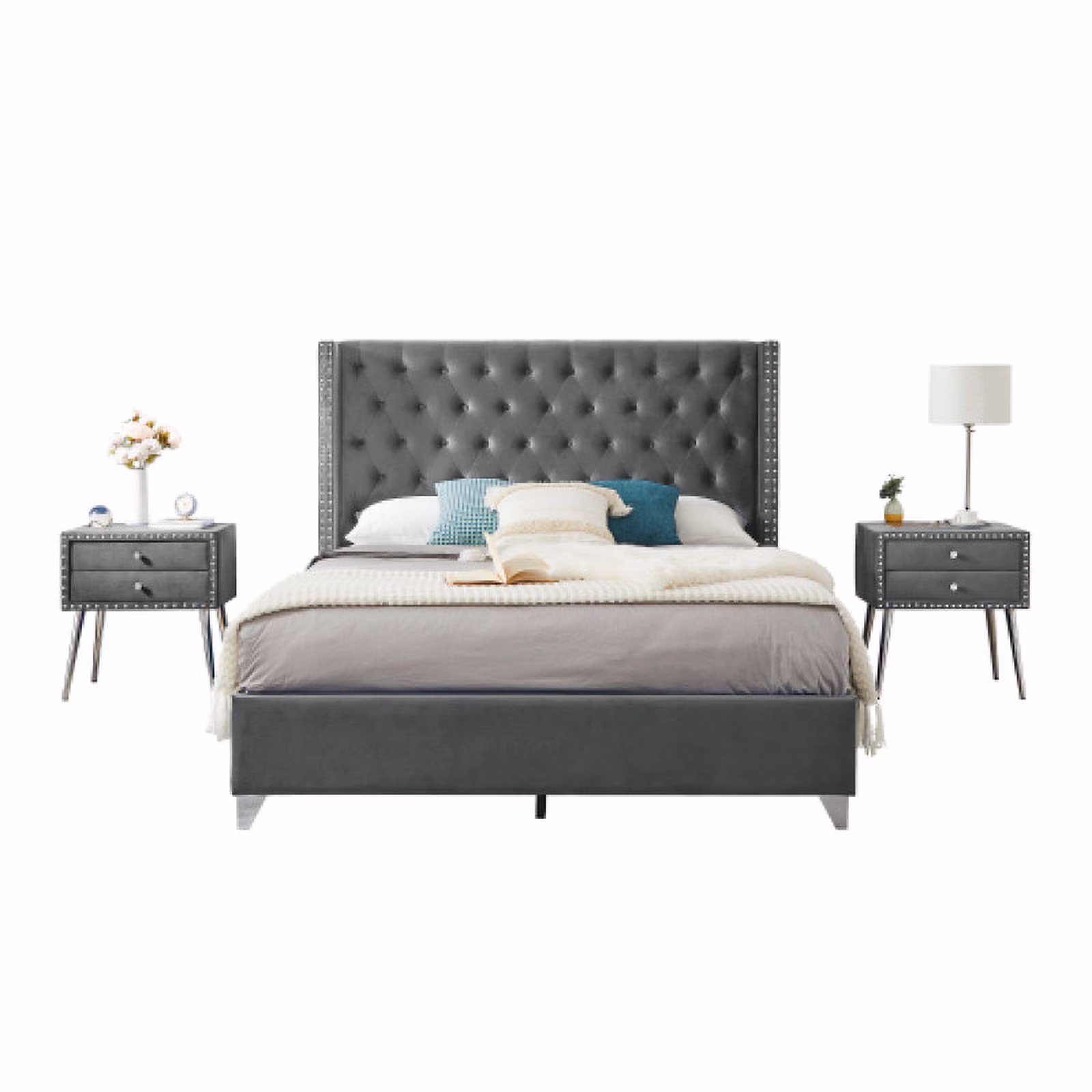 Extra Comfort bed stand Gray mattress frame Upholstered tufted bed