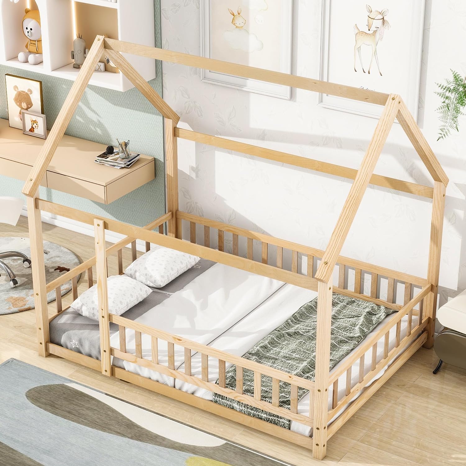 House Bed Full Size Montessori Floor Bed Frame With Roof And Fence, Box Spring Needed, For Kids Teens Girls Boys (Natural)