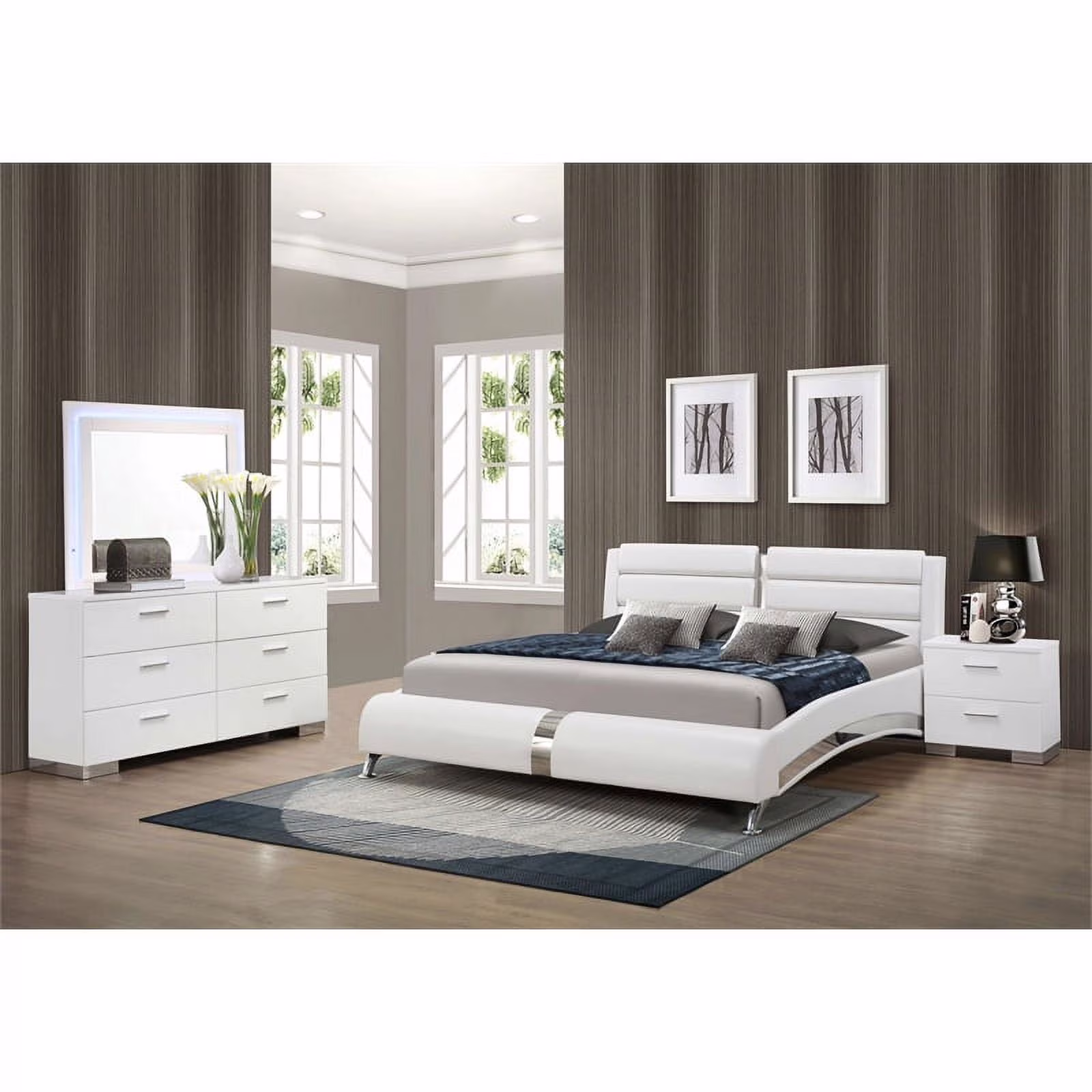 Pemberly Row 4-Piece Faux Leather Eastern King Bedroom Set in Glossy White