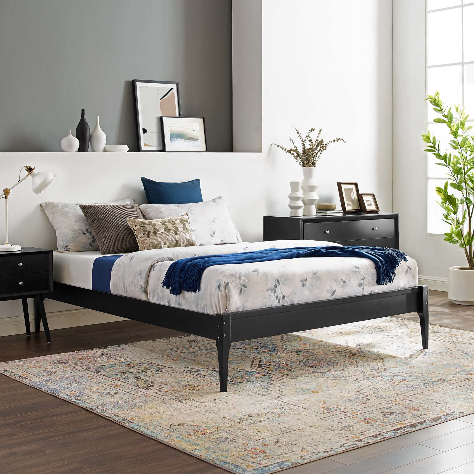 Platform Bed Frame, Queen Size, Wood, Black, Modern Contemporary Urban Design, Bedroom Master Guest Suite
