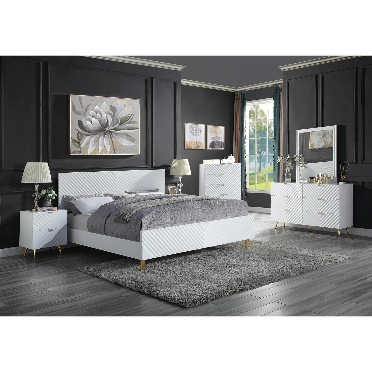 Modern White High Gloss Queen Bedroom Set by Acme Gaines BD01034Q-5pcs