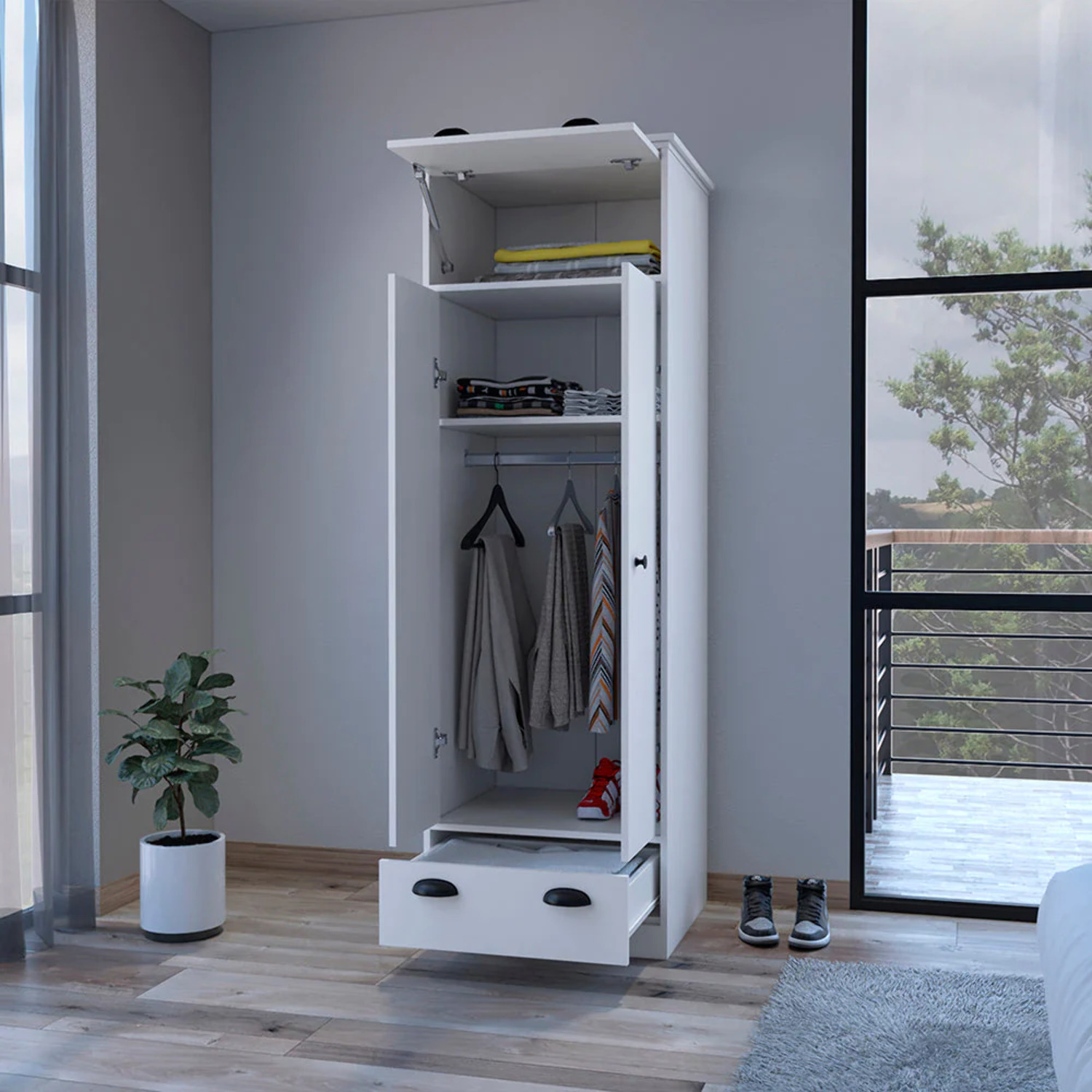 We Have Furniture Armoire with Two-Doors Dumas, Top Hinged Drawer and 1-Drawer, White Finish