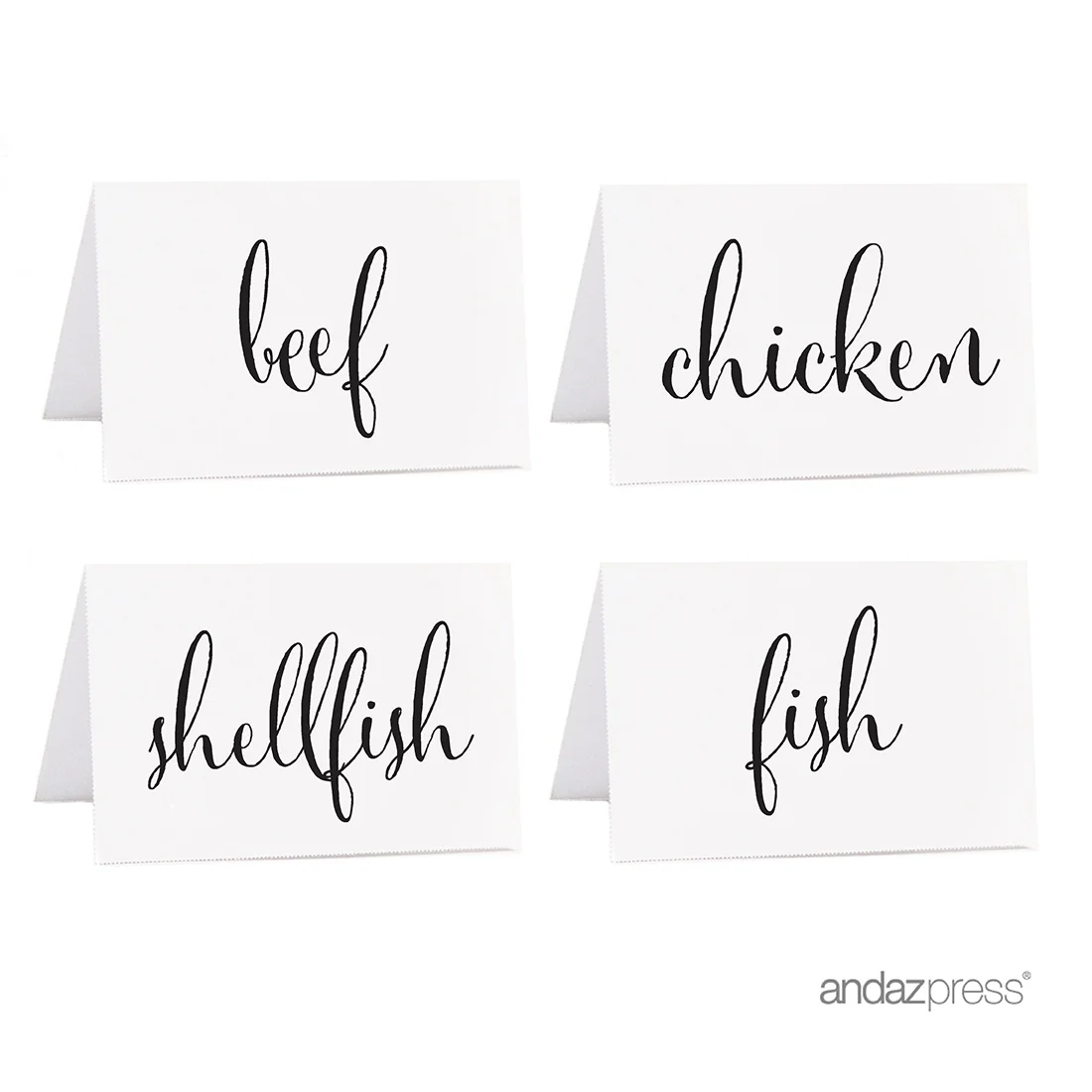 Beef, Chicken, Fish, Shellfish Black Food Station Buffet Menu Place Cards, Formal Black & White, 20-Pack