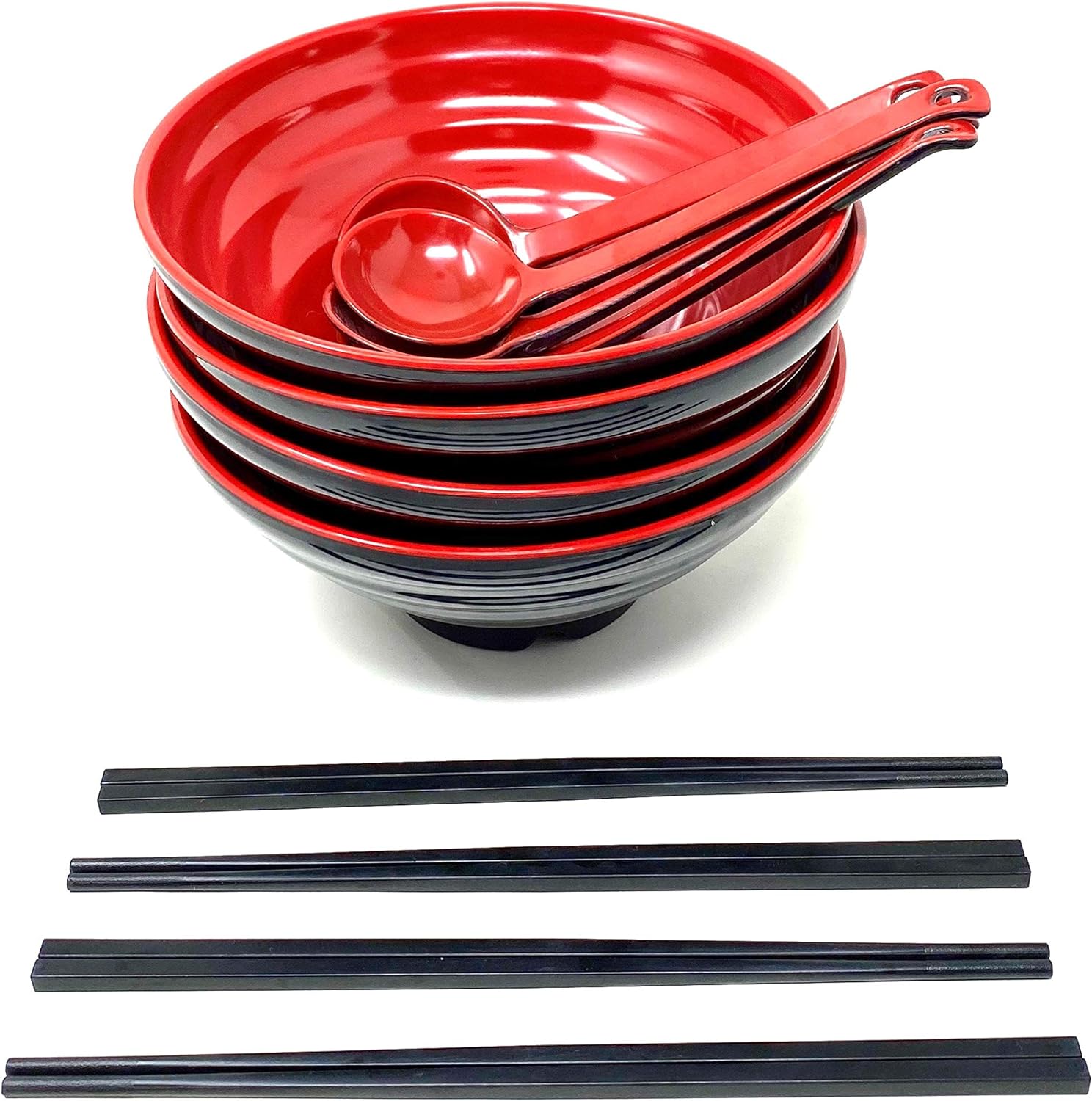Oz Red And Black Large Melamine Japanese Ramen Noodle Soup Bowl Set Dishware For Udon Soba Pho Asian Noodles - D8 X H4, mes With Chopsticks And Spoons (4 Sets)