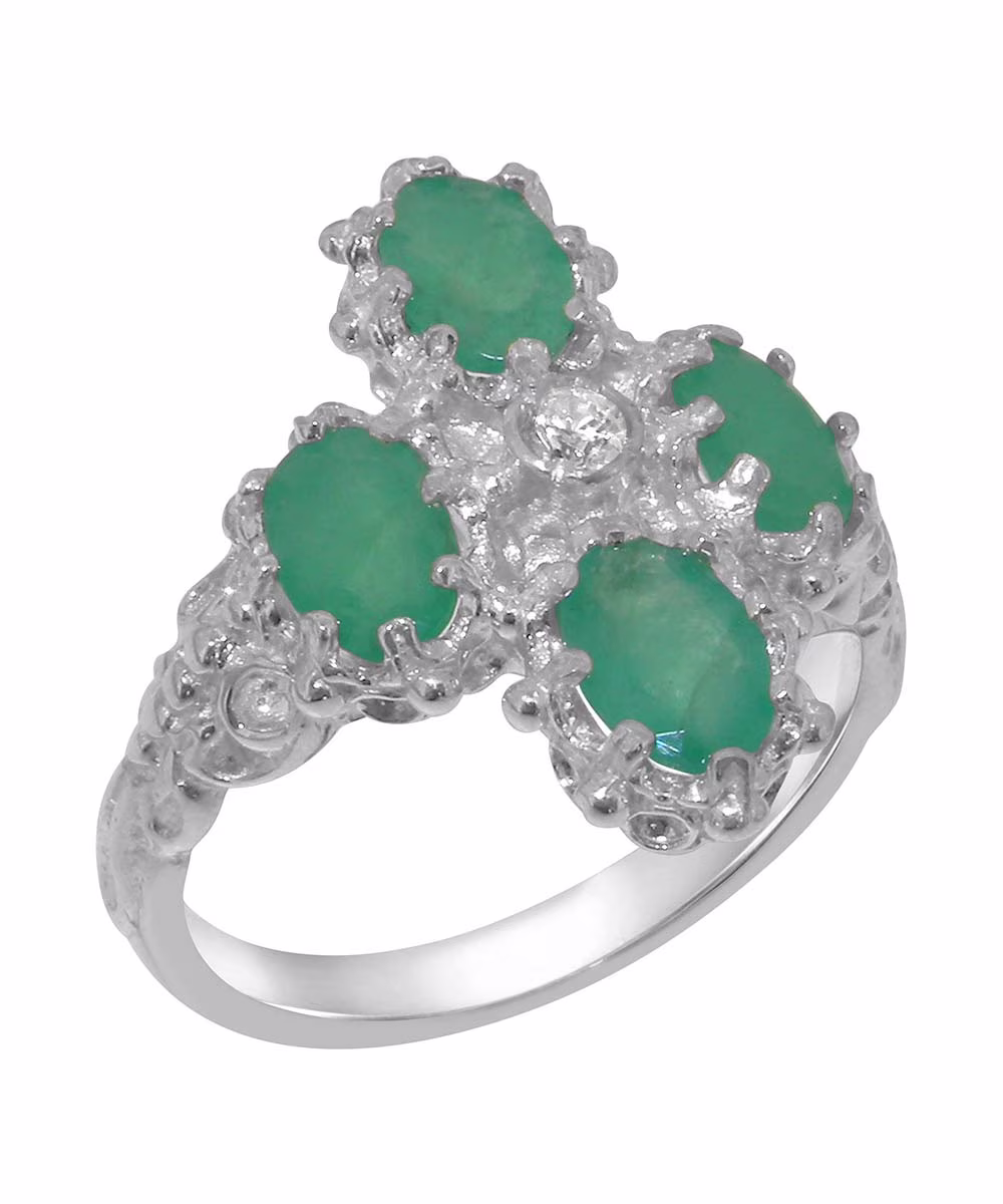 LBG British Made 18k White Gold Cubic Zirconia & Emerald Womens Engagement Ring - 33 size options - Size 6.25