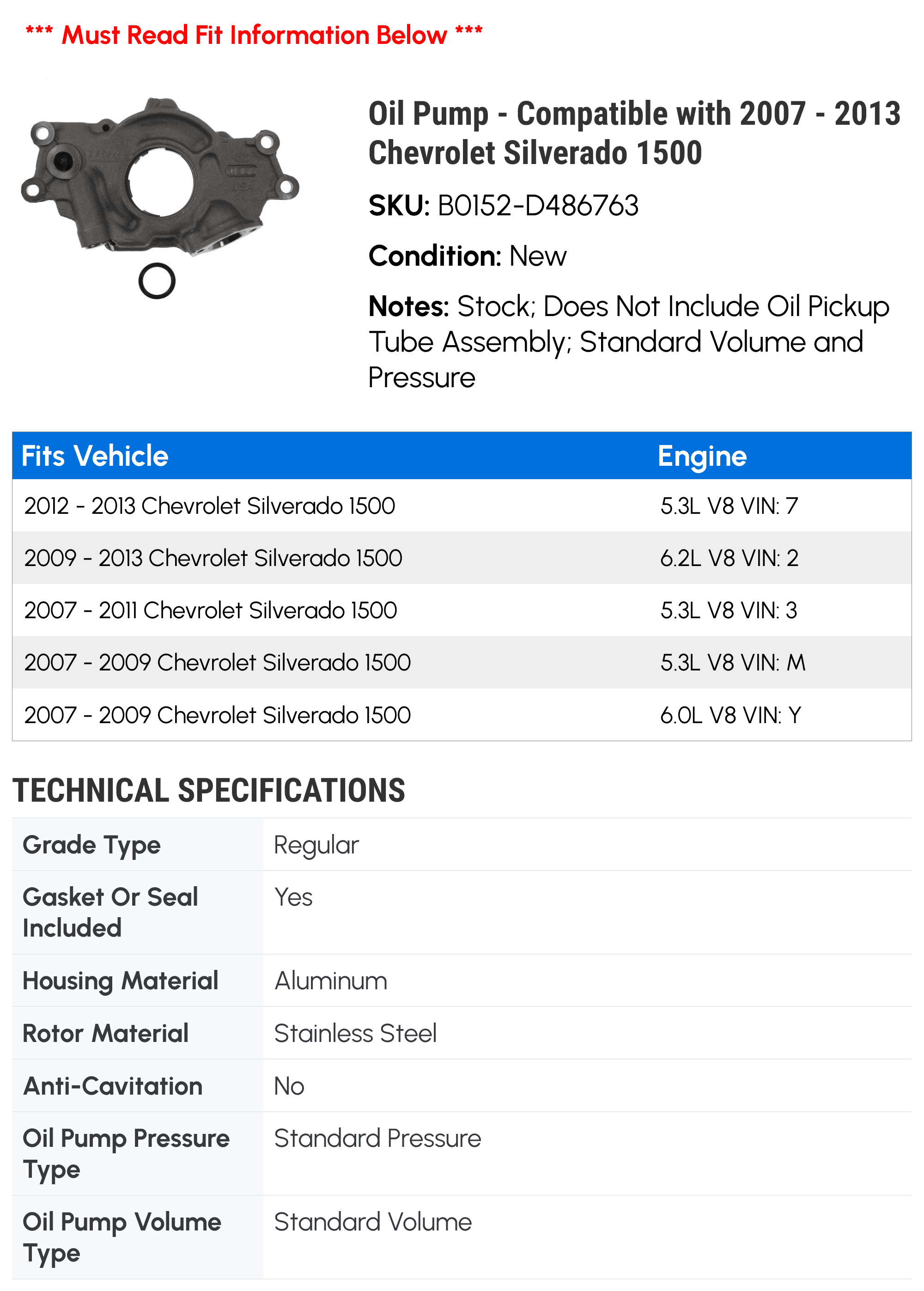 Oil Pump - Compatible with 2007 - 2013 Chevy Silverado 1500 2008 2009 2010 2011 2012