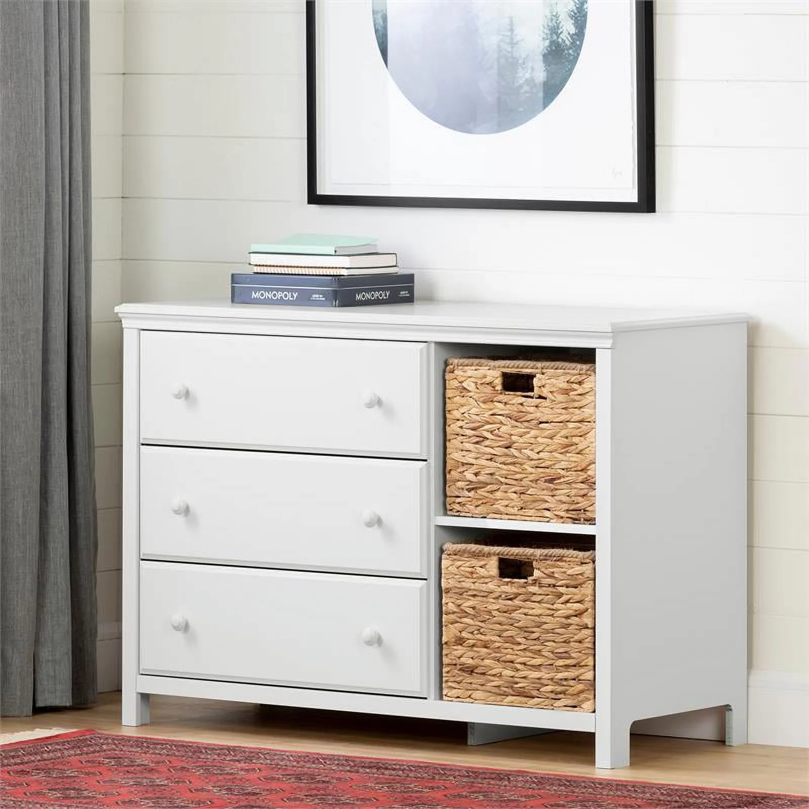 Bowery Hill 3-Drawer Transitional Wood Dresser with Basket in White