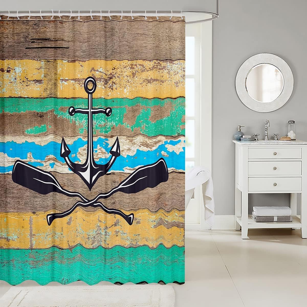JOOCAR Nautical Anchor Kids Shower Curtains,Lake Life Paddles Boat Curtains for Boys Girls Adults,Wooden Board Rustic Farmhouse Colorful Retro Waterproof Curtains,12 Hooks Suits,72