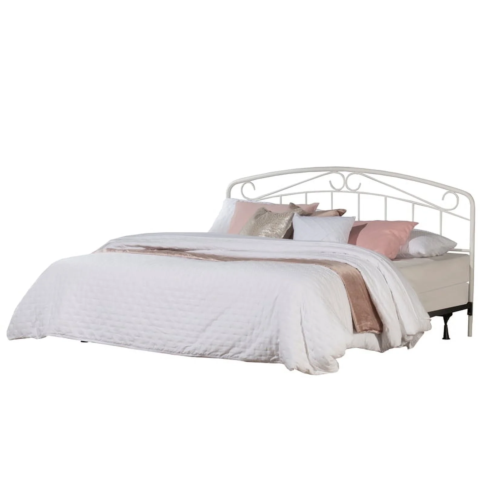 Hillsdale Furniture Jolie Arched Scroll Metal King Headboard in Textured White with Black Metal Bed Frame