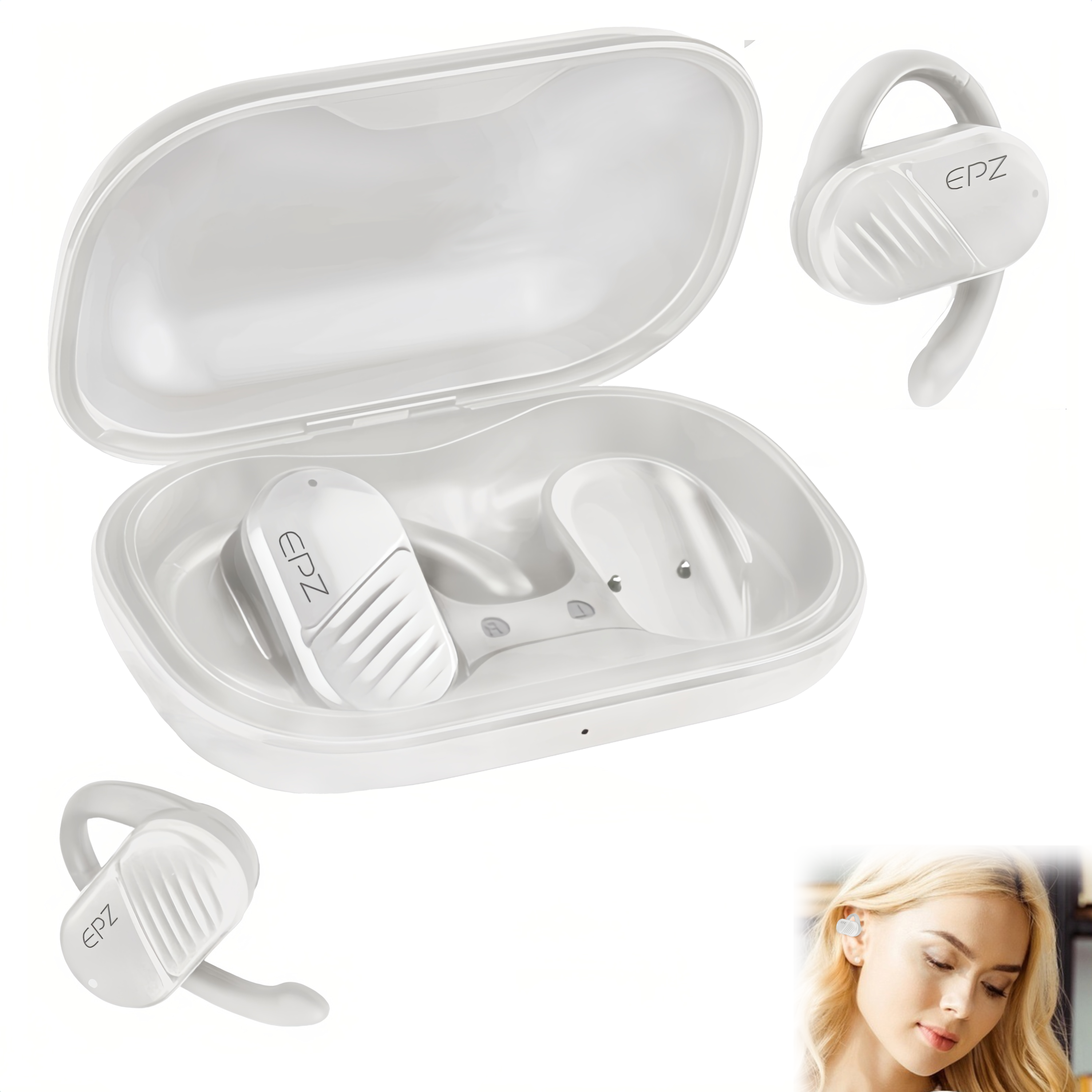 EPZ Bone Conduction Headphones, Wireless In-Ear Headphones with Built-in Microphone, Waterproof, Sweat Resistant Sports Headphones, Suitable for Running, Cycling, Hiking, Gym, Mountaineering (White)