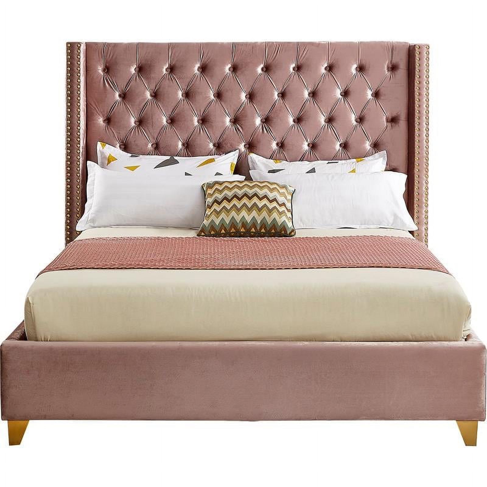 Maklaine Modern Velvet Fabric Upholstered Deep Tufted Queen Bed in Pink