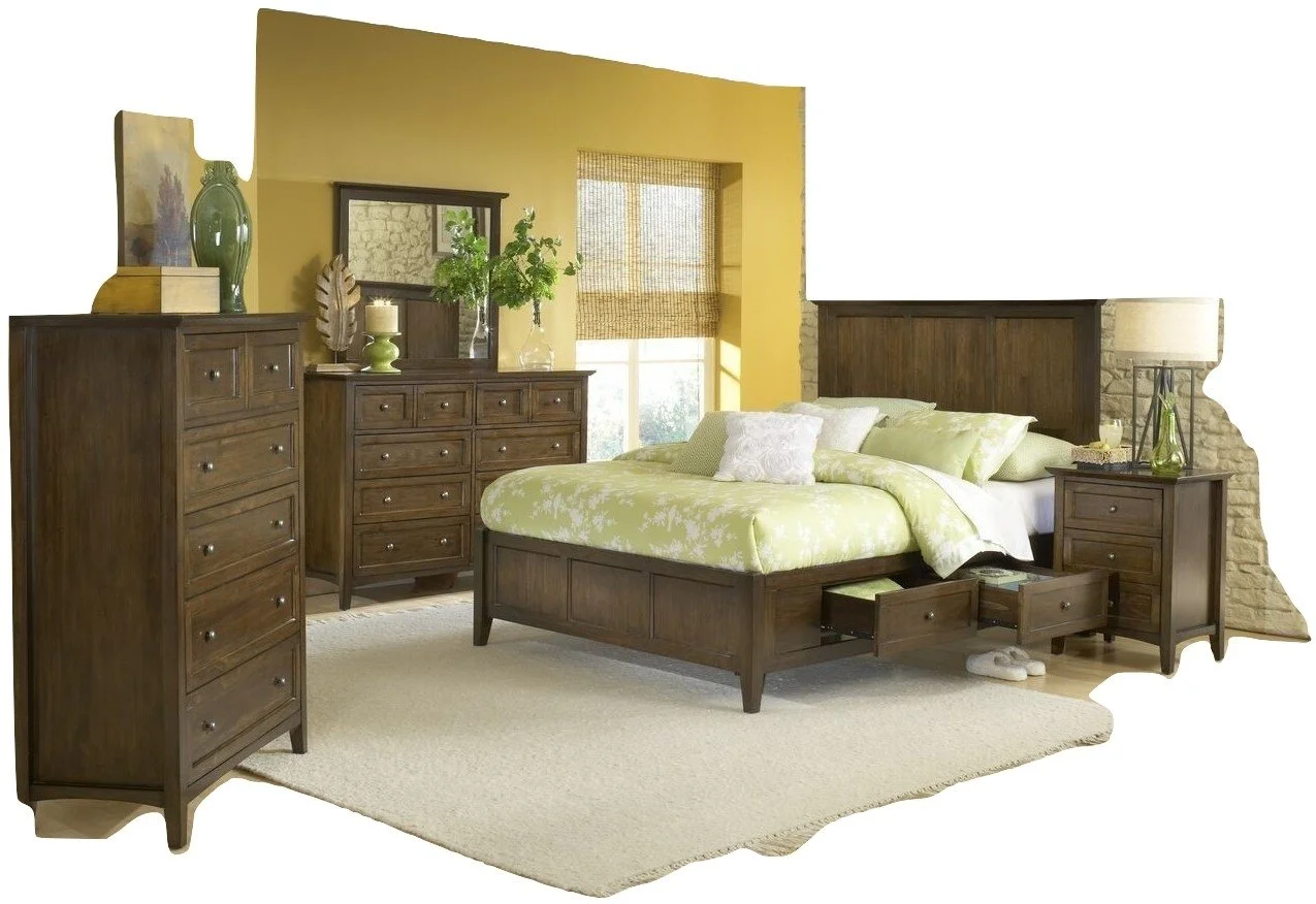 Pantego 5PC Full Storage Bed, 2 Nightstand, Dresser & Mirror Set in Pecan Mahogany