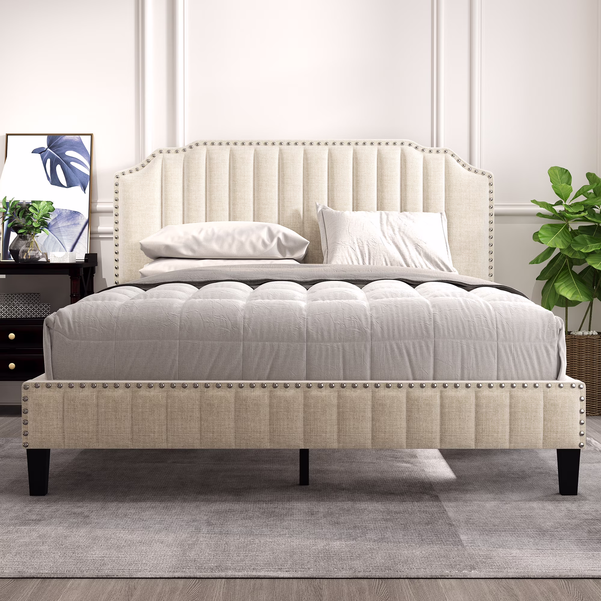 LYPER Modern Linen Curved Upholstered Platform Bed , Solid Wood Frame , Nailhead Trim, Cream (Queen)