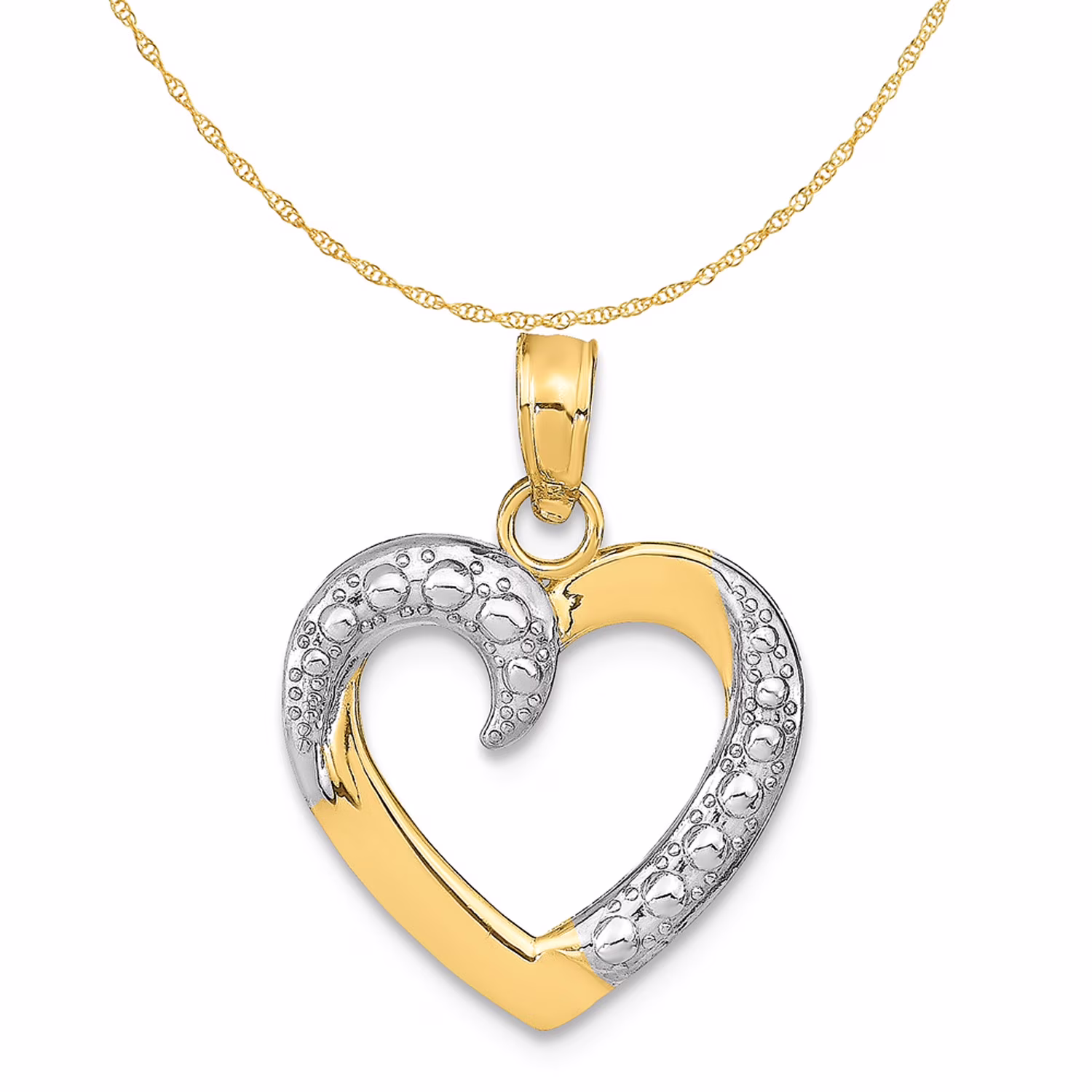 14K Two-Tone Gold And Rhodium Polished And Textured Heart Pendant (18.1 mm x 14.6 mm) With 10K Yellow Gold Lightweight Rope Chain 18