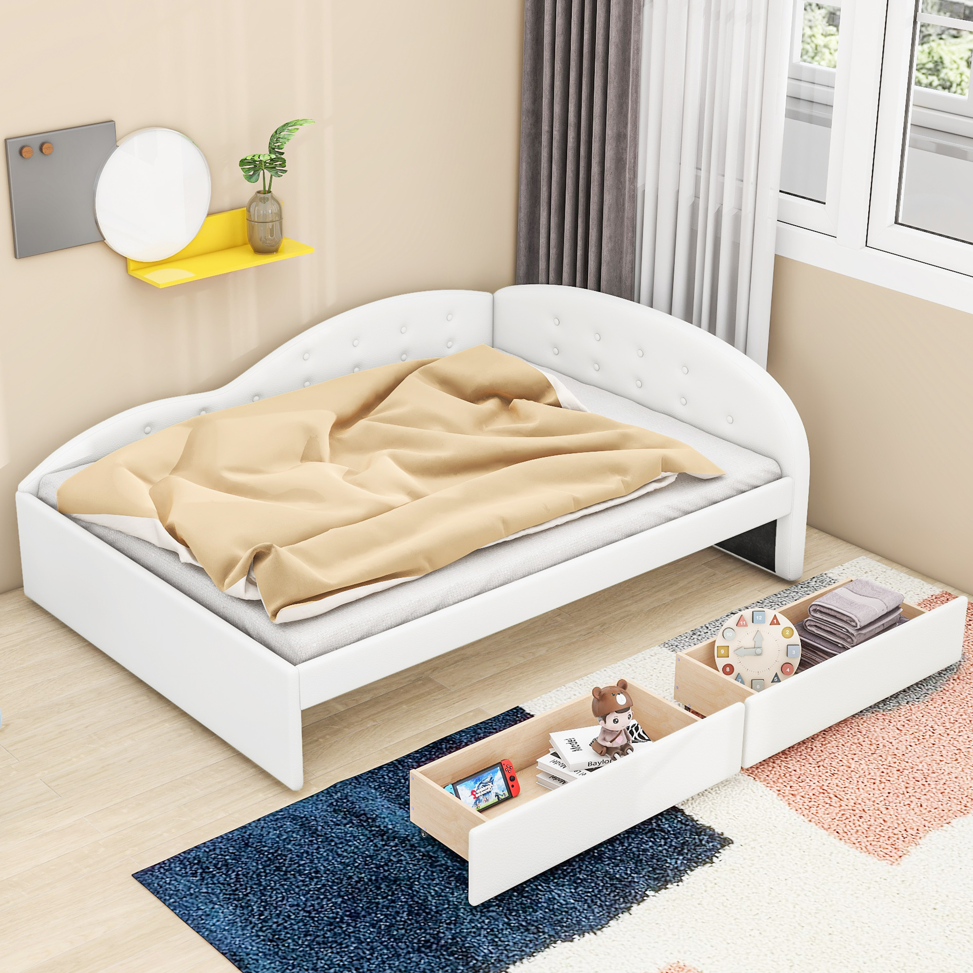 CoSoTower Full Size PU Upholstered Tufted Daybed with Two Drawers and Cloud Shaped Guardrail, White