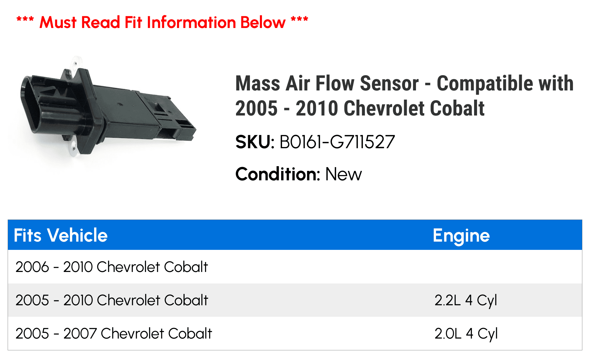 Mass Air Flow Sensor - Compatible with 2005 - 2010 Chevy Cobalt 2006 2007 2008 2009