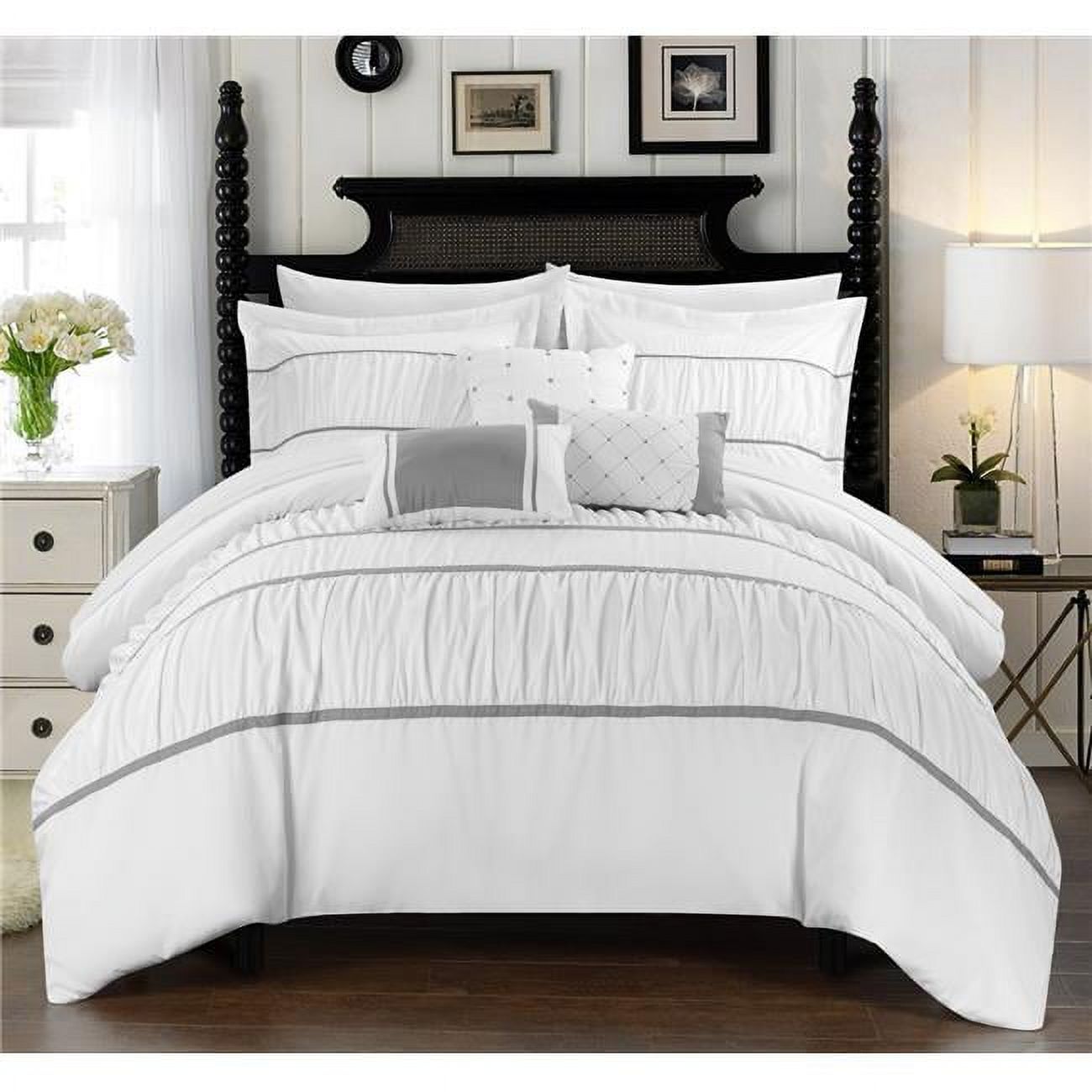 Chic Home  Penelope Pleated & Ruffled Bed in a Bag Comforter Set with Sheets - White - Queen - 10 Piece