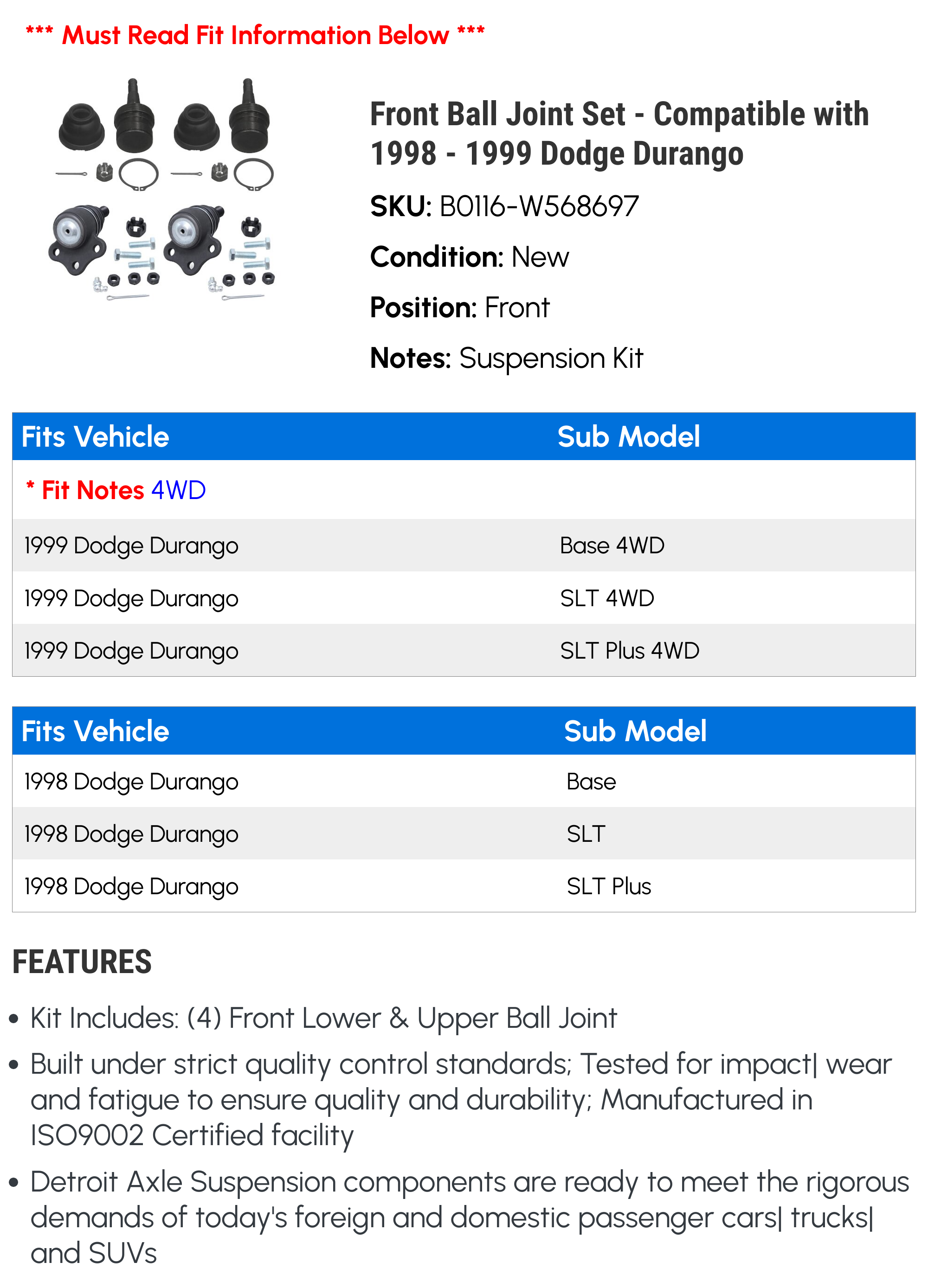 Front Ball Joint Set - Compatible with 1998 - 1999 Dodge Durango