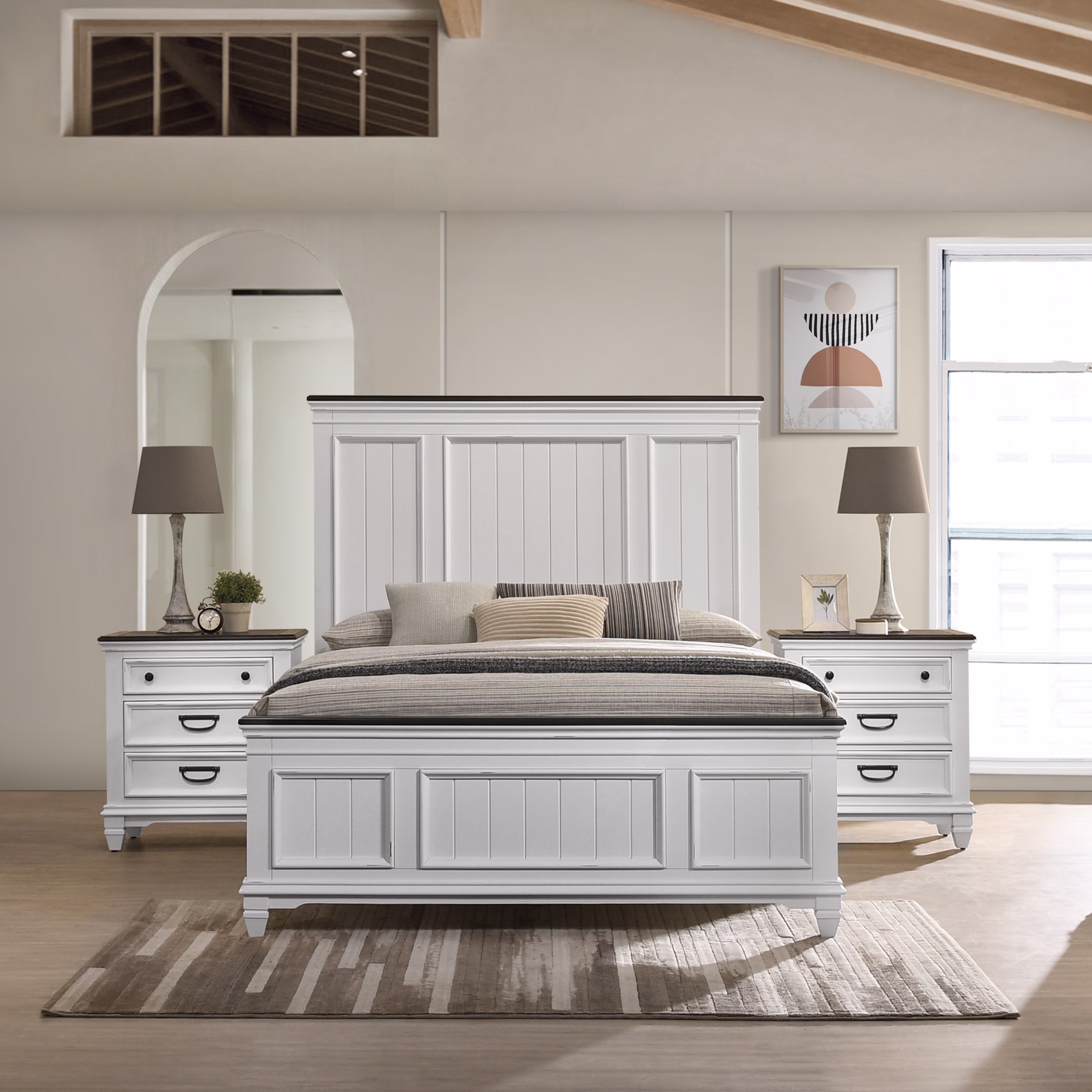Roundhill Furniture Clelane 3-Piece Wood Bedroom Set, Shiplap Panel Queen Bed and 2 Nightstands, Weathered White and Gray