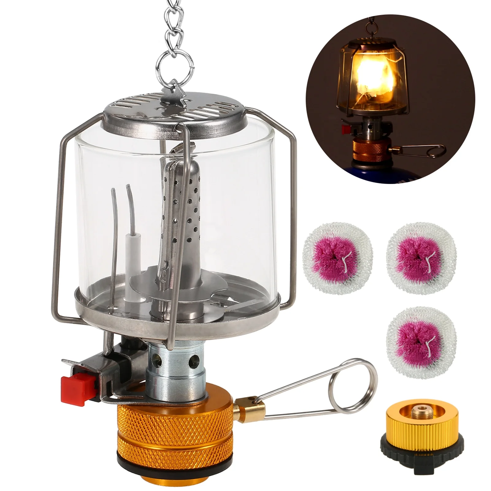 Tomfoto Outdoor Portable Camping Gas Lantern Piezo Ignition  Gas Tent Lamp  with 3 Mantles and Adapter