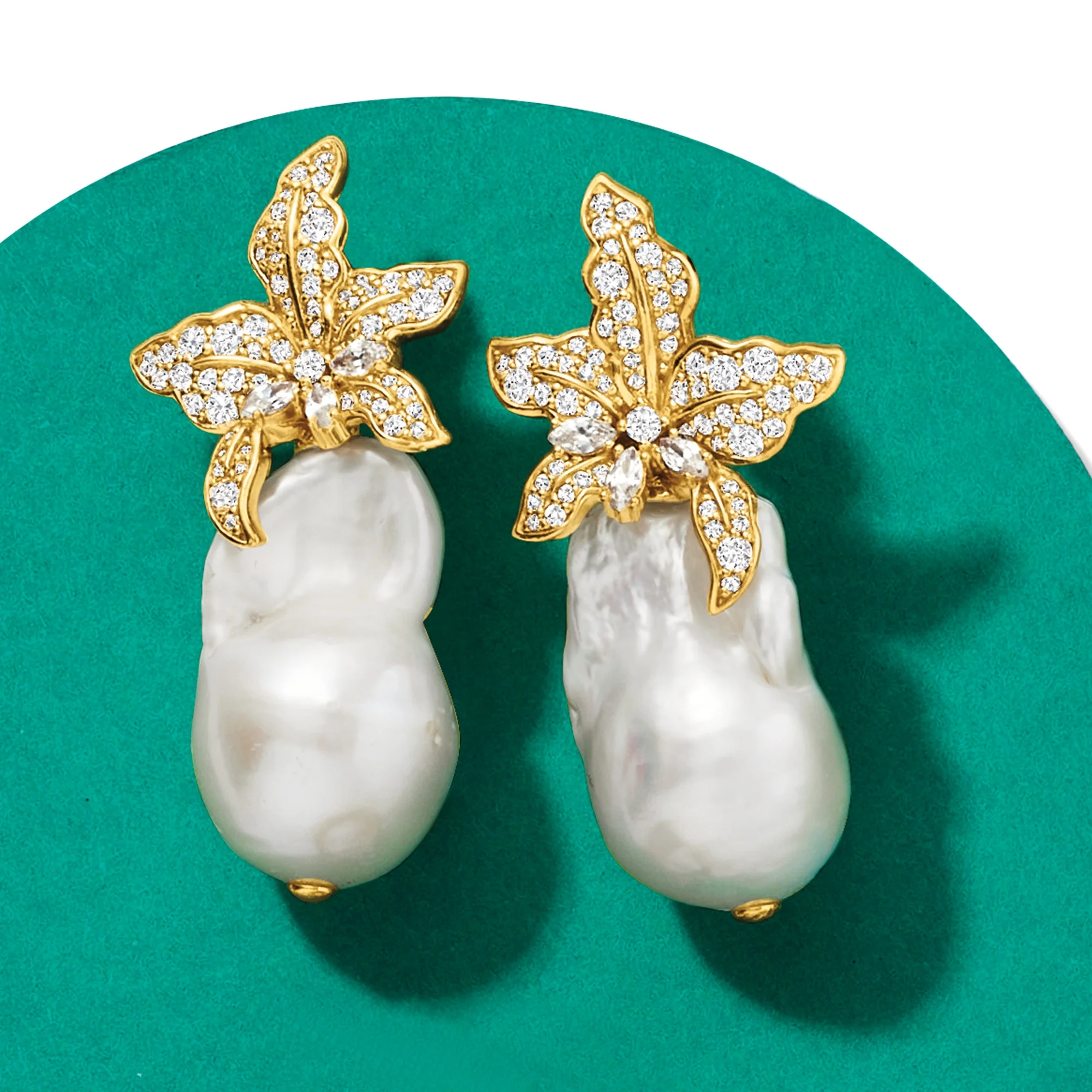 Ross-Simons Italian 13-18mm Baroque Pearl and 1.80 ct. t.w. CZ Flower Earrings in 18kt Gold Over Sterling, Women's, Adult