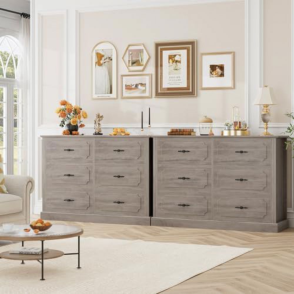RUNFAYBIU Wood Dresser 6 Drawer  47.2'' Grey Dresser Farmhouse Dresser Chest of Drawers with Designed Drawer Surfaces  Grey Dresser with Deeper Drawer  Ash Grey