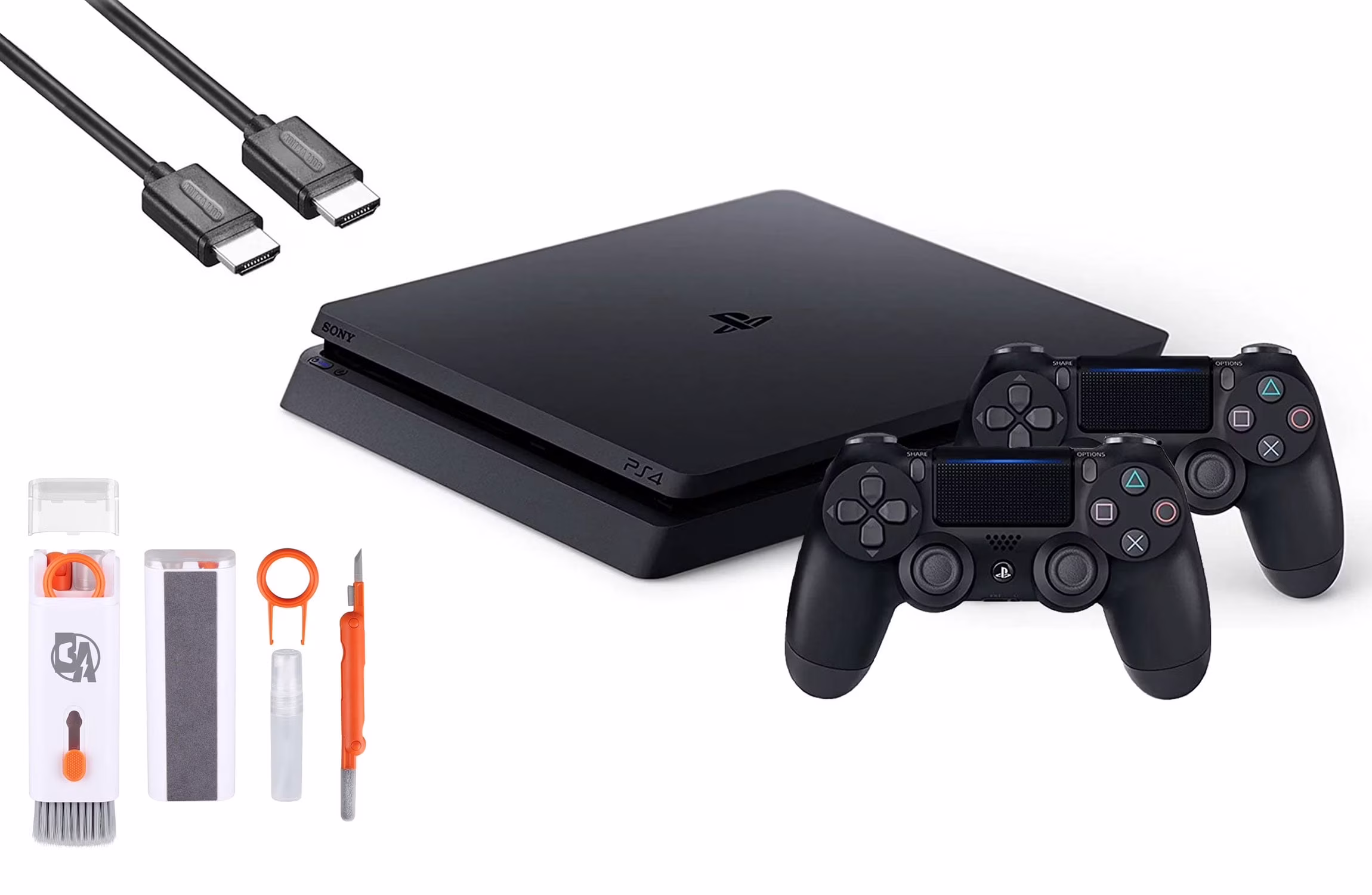 Sony 2215B PlayStation 4 Slim 500GB Gaming Console Black, HDMI Cable 2 Controller With BOLT AXTION Cleaning Kit Bundle Like New