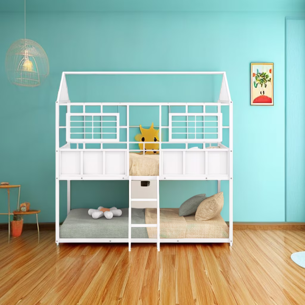 Twin Over Twin Size Metal Low Bunk Beds with Roof and Fence-Shaped Guardrail