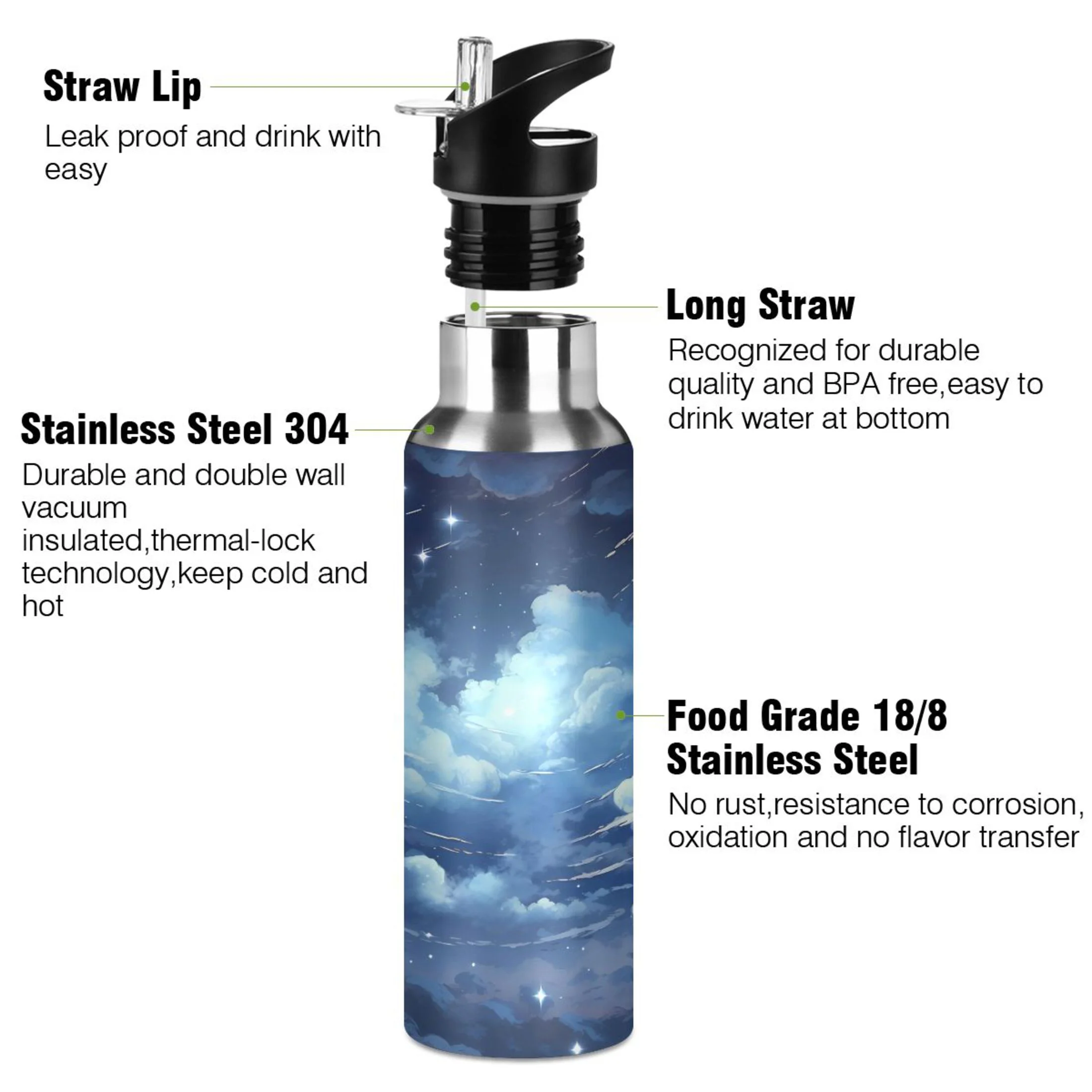 Water Bottle with Straw Lid Leak Sky with Cloud Stainless Steel Insulated Thermos Vacuum Flask for Cold Hot Drinking for Sports Camping Gym Yoga