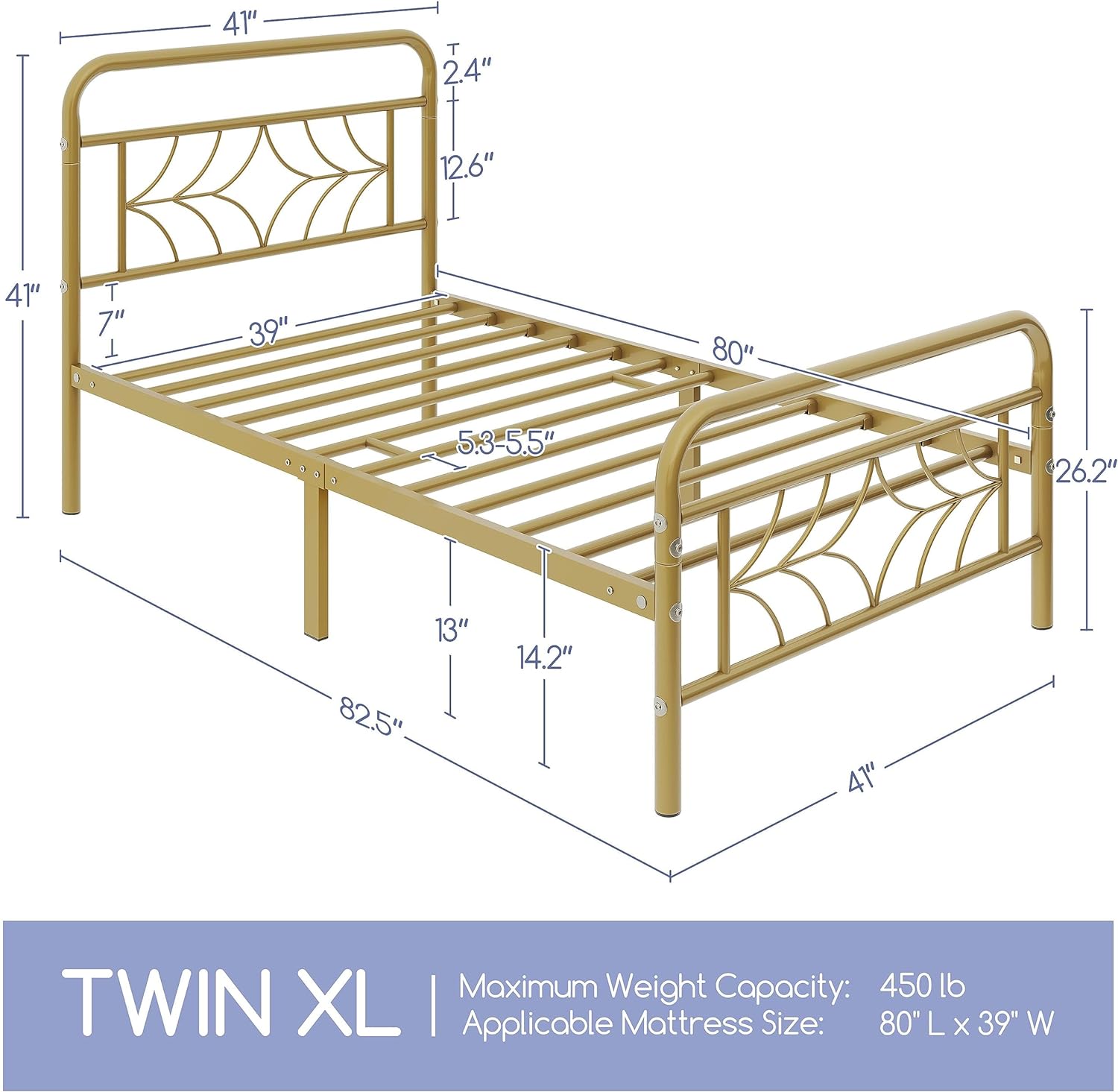 Twin XL Metal Platform Bed with with Sparkling Star-Inspired Design Headboard,Matress Foundation,No Box Spring Needed,Antique Gold