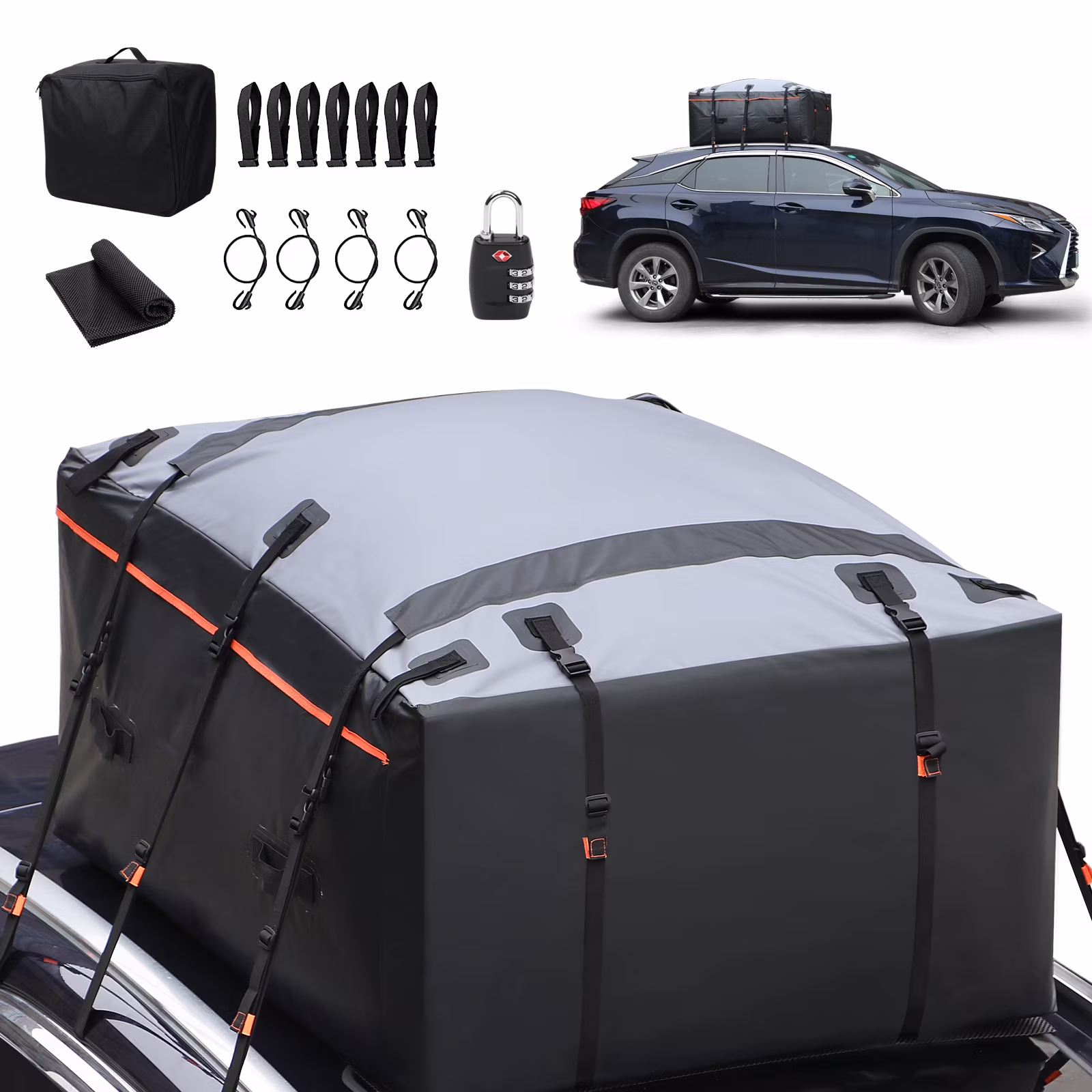 Car Roof Bag Top Cargo Carrier Bag 20 Cubic Feet,  for All Vehicle with/Without Rack,100% Waterproof with 4 Truck Hooks + 6 Reinforced Straps+ Luggage Lock+ anti-slip mat.