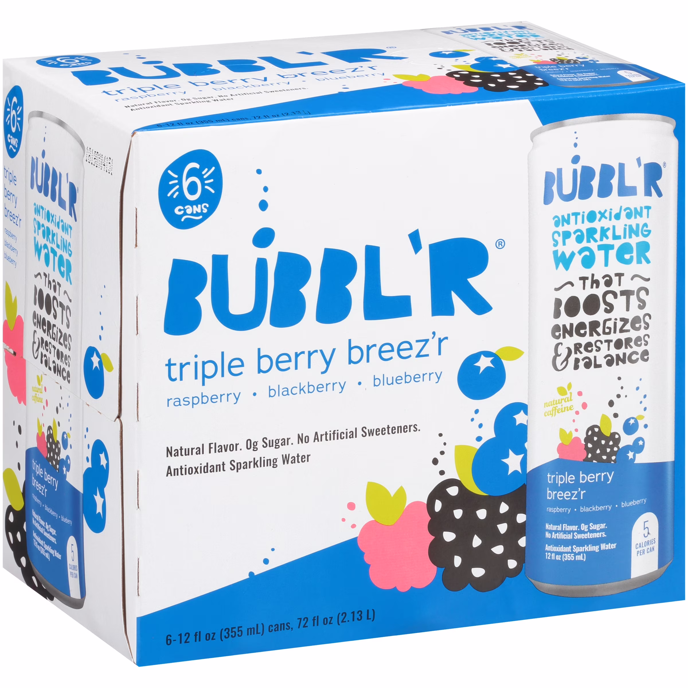 Bubbl'r Triple Berry Antioxidant Sparkling Water with a Boost of Caffeine, 12 fl oz 6 Pack Cans