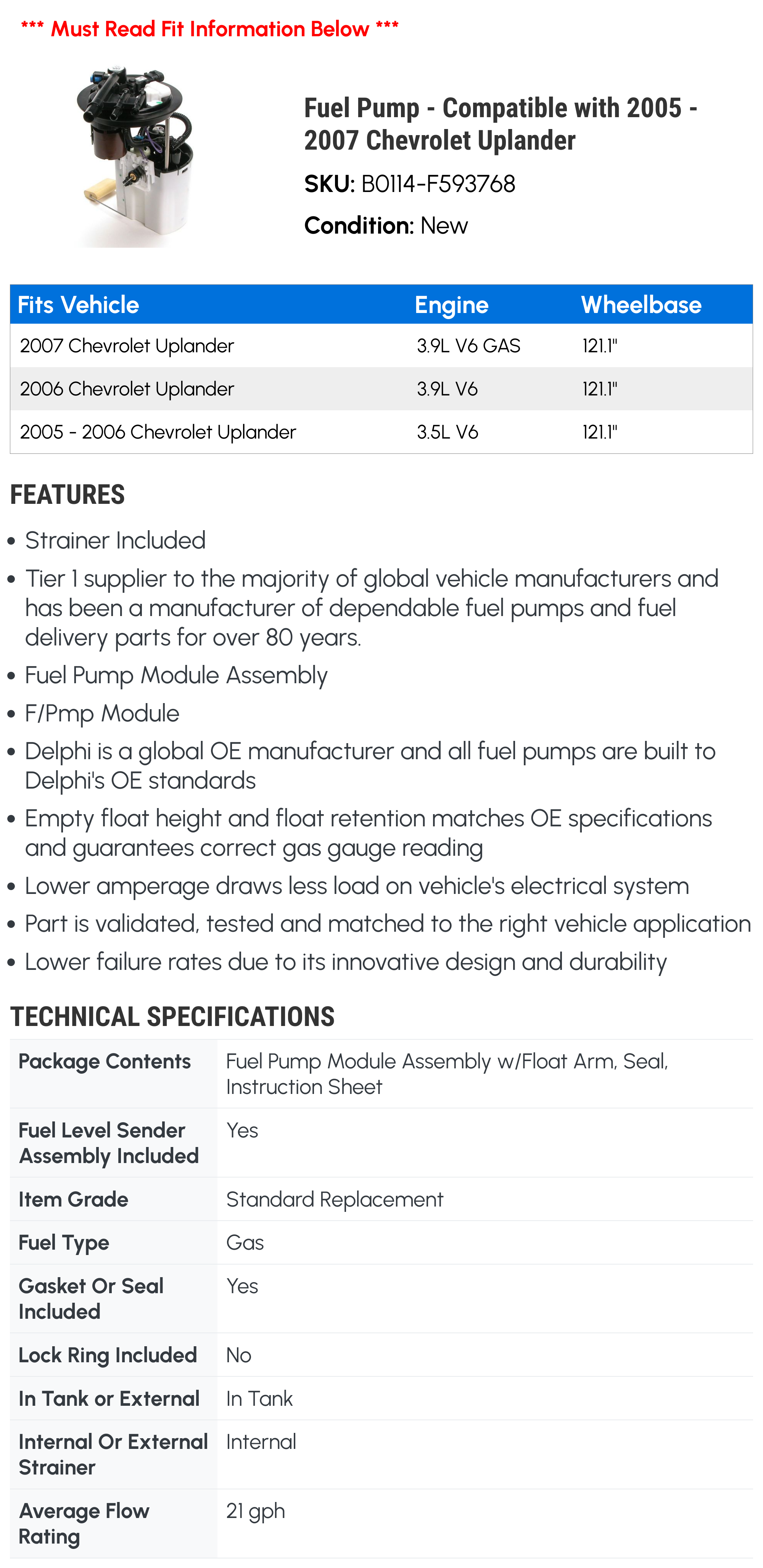 Fuel Pump - Compatible with 2005 - 2007 Chevy Uplander 2006