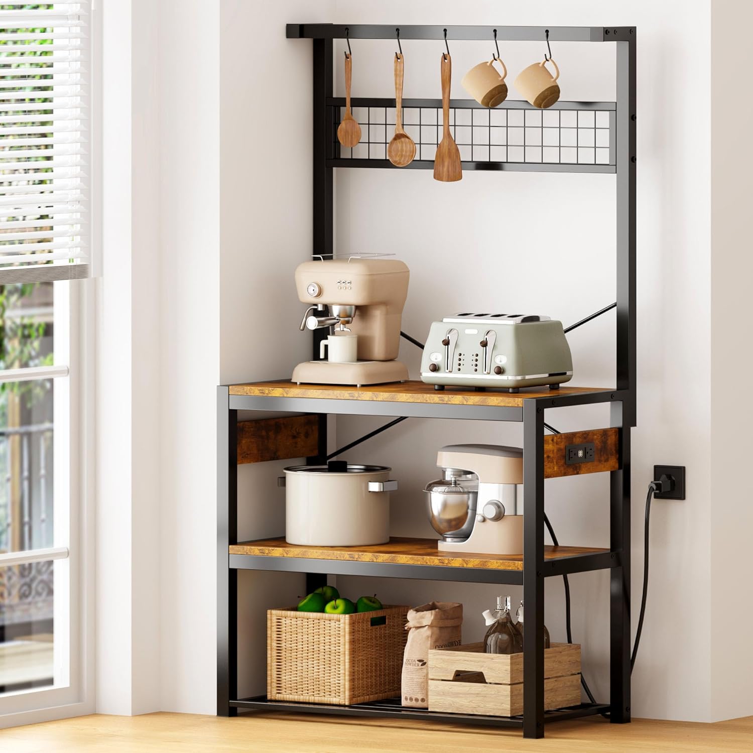 OUWI Kitchen Baker's Rack with Power Outlet, 4-Tier Microwave Oven Stand, Coffee Bar Station with 5 Hooks, Kitchen Storage Shelf Rack with Mesh Bottom Panel, Rustic Brown